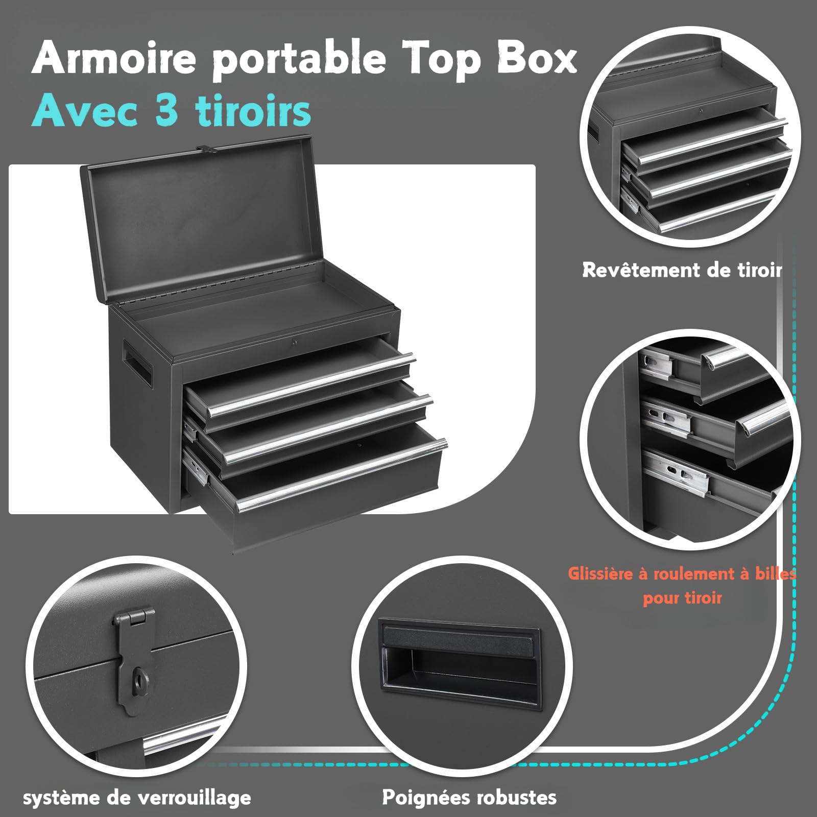 LEADZM Servante d'Atelier Outils avec Coffre Amovible, 6 Tiroirs(Noir) | Etabli Garage，Armoire à Étagère Réglable& Caisse à Outil Roulante，pour Garage, Atelier