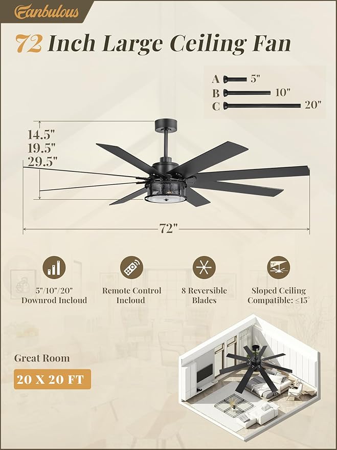 Ventilador de Techo 72 Pulgadas con Luz y Control Remoto, 6 miniatura 6