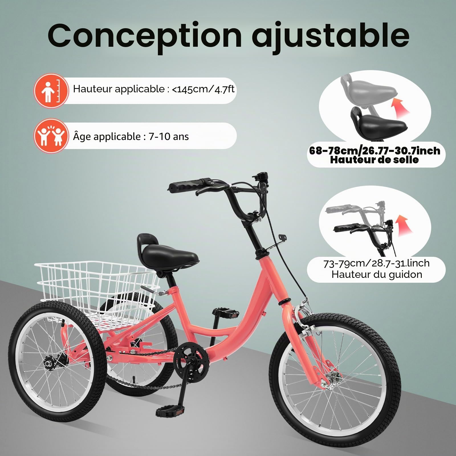 Tricycle pour enfant de 16 ", 3 roues avec grand panier, vélo à vitesse unique avec panier pour filles et garçons de 7 à 10 ans (orange clair)