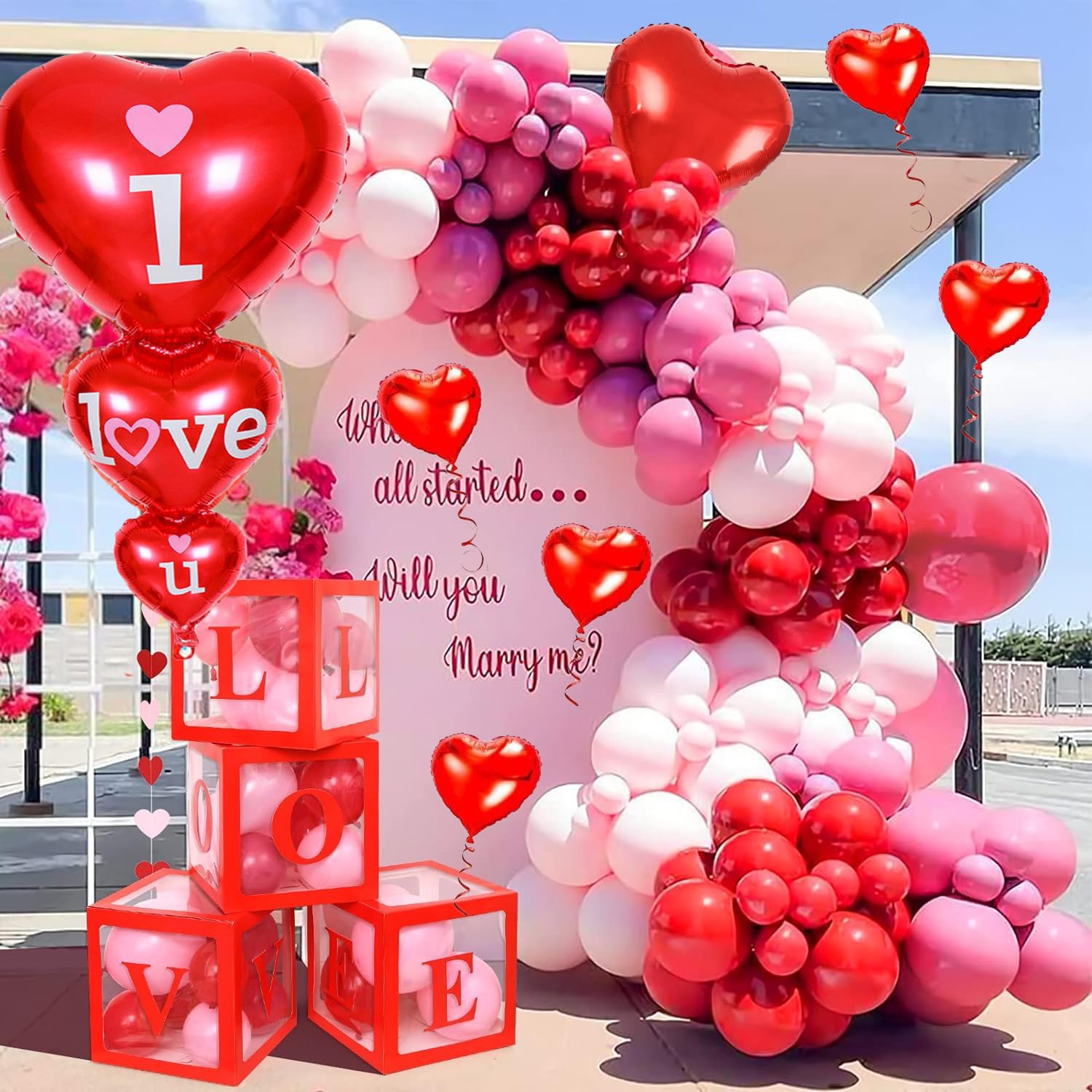 Kit de decoración de globos para el día de San Valentín, kit de guirnalda de arco de globos para el día de San Valentín, globos de aluminio en forma de corazón rojo, globos rojos y rosas para proponer