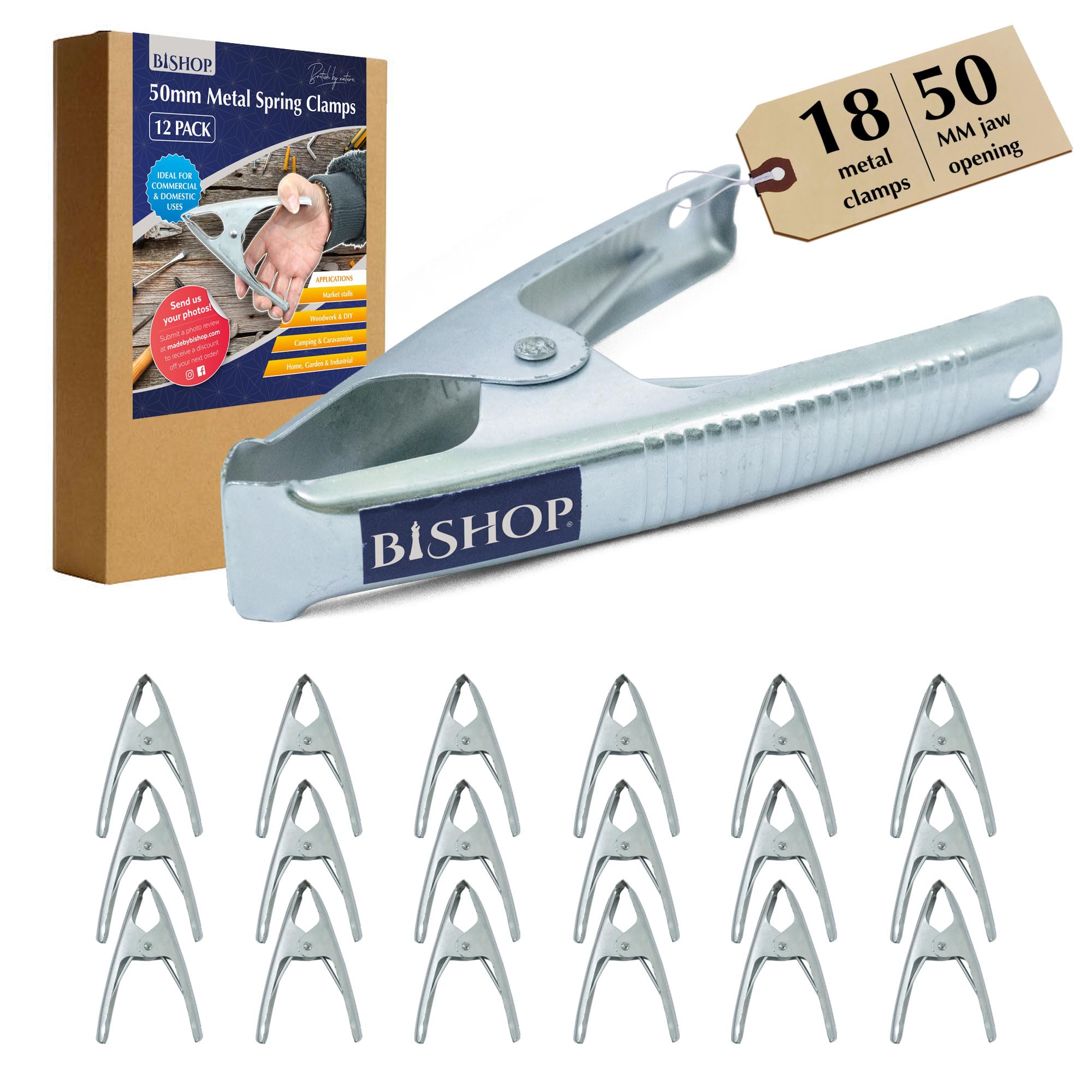 Bishop Silver Commercial Grade Metal Spring Clamps For Woodwork - Rust Proof Market Stall Tarp Clips Clamps 50Mm Jaw Capacity - Metal Clips All Steel Construction 160Mm Length - Triple Coil Spring Clips (Qty: 18)