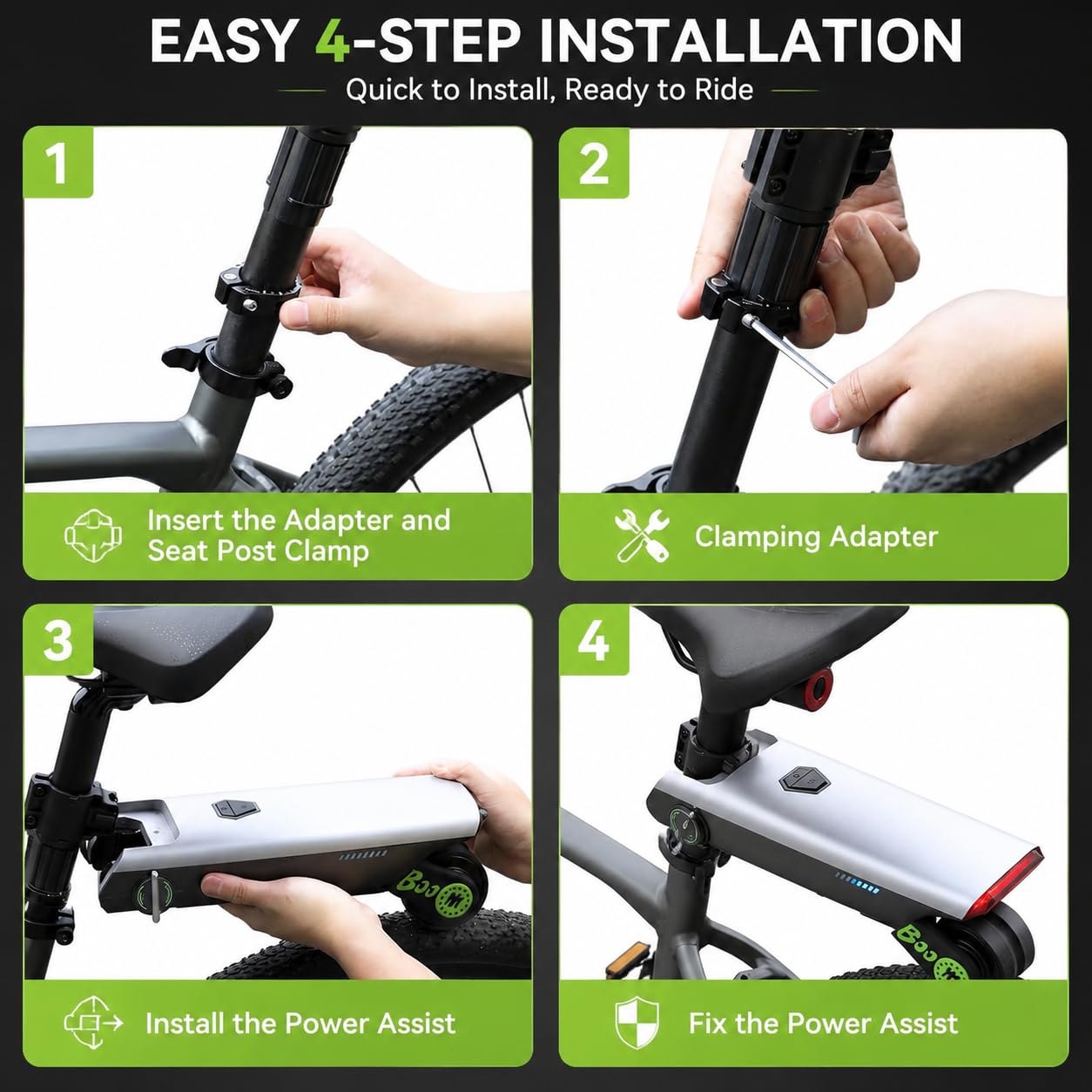 Kit Conversione Bici Elettrica con Controllo Via App,Kit di Conversione E-Bike con 4 modalità di Assistenza, Installazione Rapida, Nessuna Sostituzione di Componenti, Autonomia di 50 Km Green