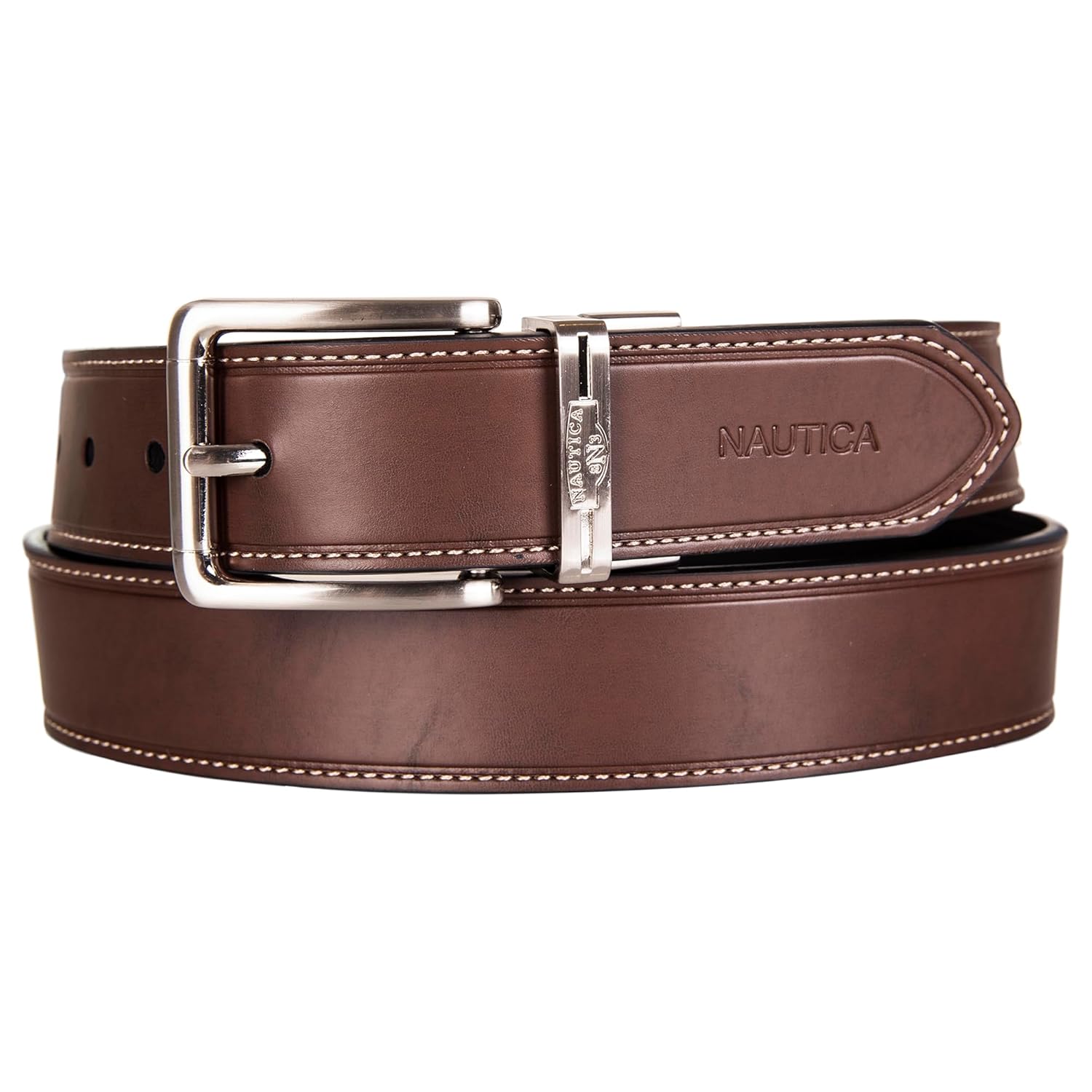Nautica Men’s Signature Logo Stripe Ribbon Reverses to Leather Belt
