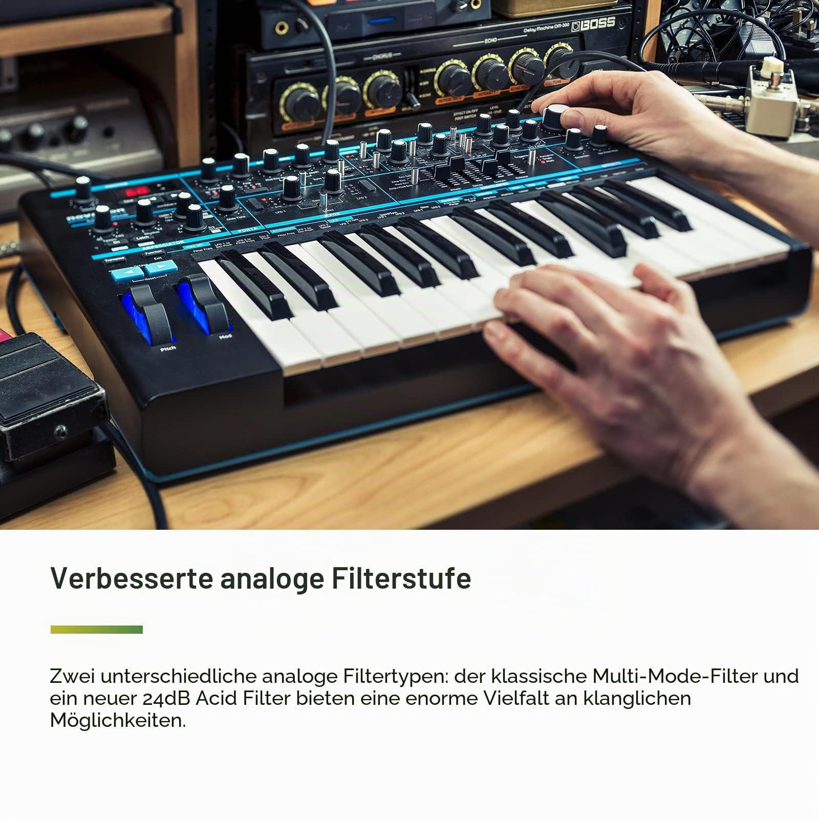 Novation Bass Station II, analoger, monophoner Synthesizer – bietet 64 Werksklänge, einen Pattern-basierten Step-Sequencer und Arpeggiator sowie zwei Oszillatoren mit zusätzlichem Suboszillator