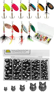 SANWEAL120PCS Fishing Weights Sinkers Boundle with 10 PCS Deadly Rooster Tail Fishing Lures