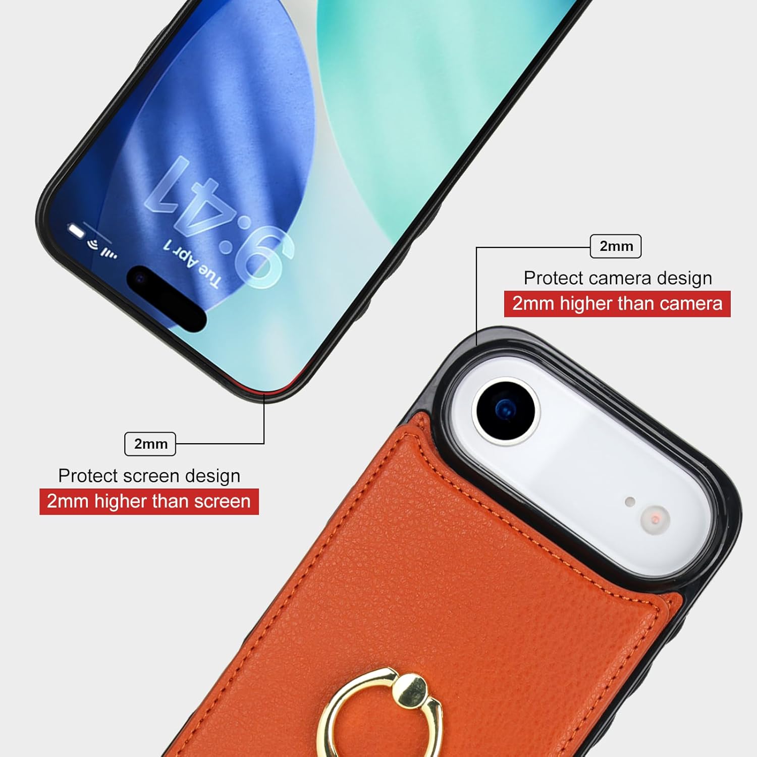 Folosu Compatible with iPhone 17 Air Case Wallet with Card Holder, 360°Rotation Finger Ring Holder Kickstand, RFID Blocking Leather Protective Double Buttons Shockproof Cover 6.5 Inch Brown