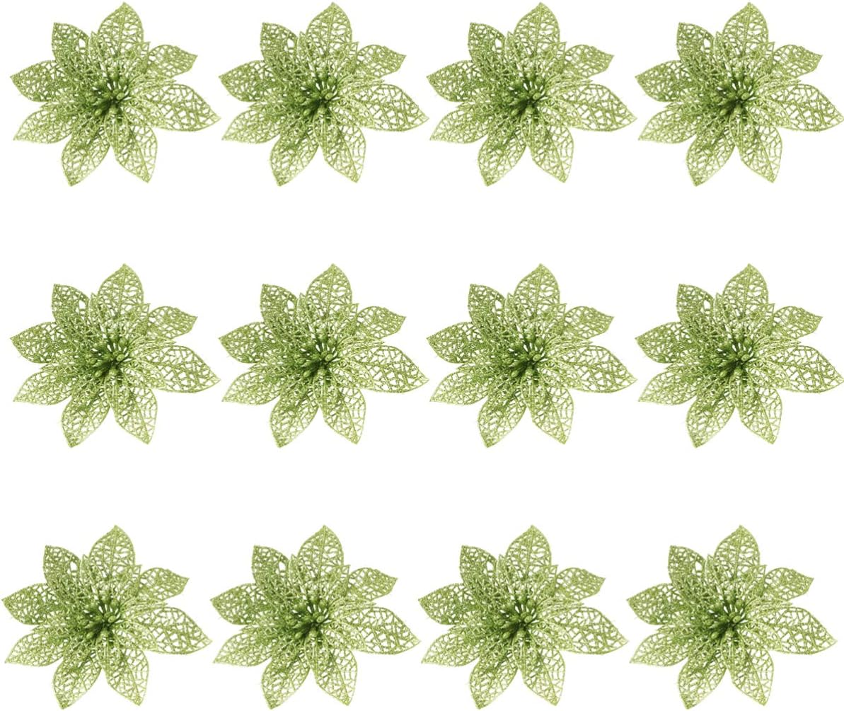 BESPORTBLE 12Pcs Glitter Poinsettia Christmas Tree Ornaments Xmas Artificial Flowers Picks Spray for Christmas Tree Decoration New Year Wreath Garland Ornament Light Green BESPORTBLE 12Pcs Glitter Poinsettia Christmas Tree Ornaments Xmas Artificial Flowers Picks Spray for Christmas Tree Decoration New Year Wreath Garland Ornament Light Green