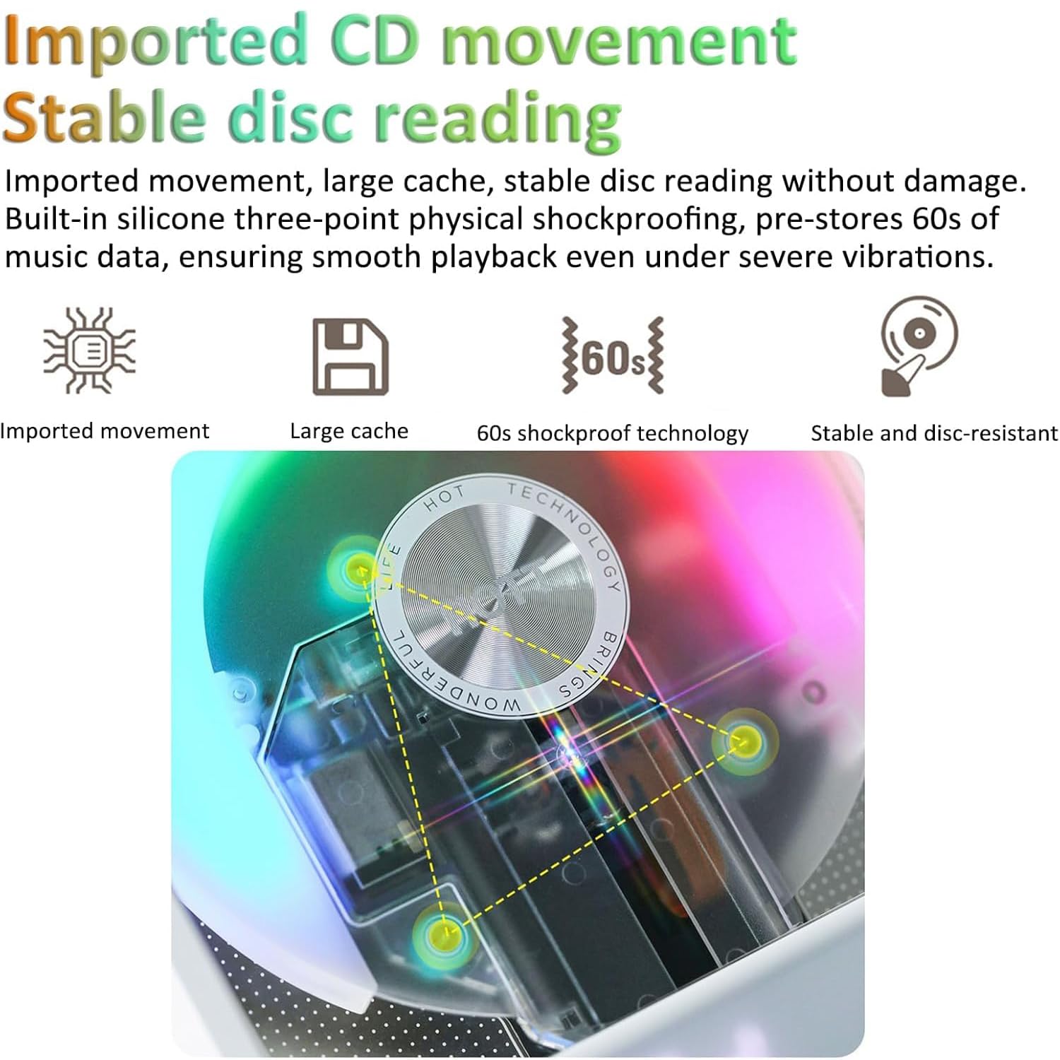 Lettore CD portatile Bluetooth con telecomando, 10 ore di autonomia, luci RGB, supporta CD MP3 WMA, ideale per la decorazione della casa e gli amanti della musica