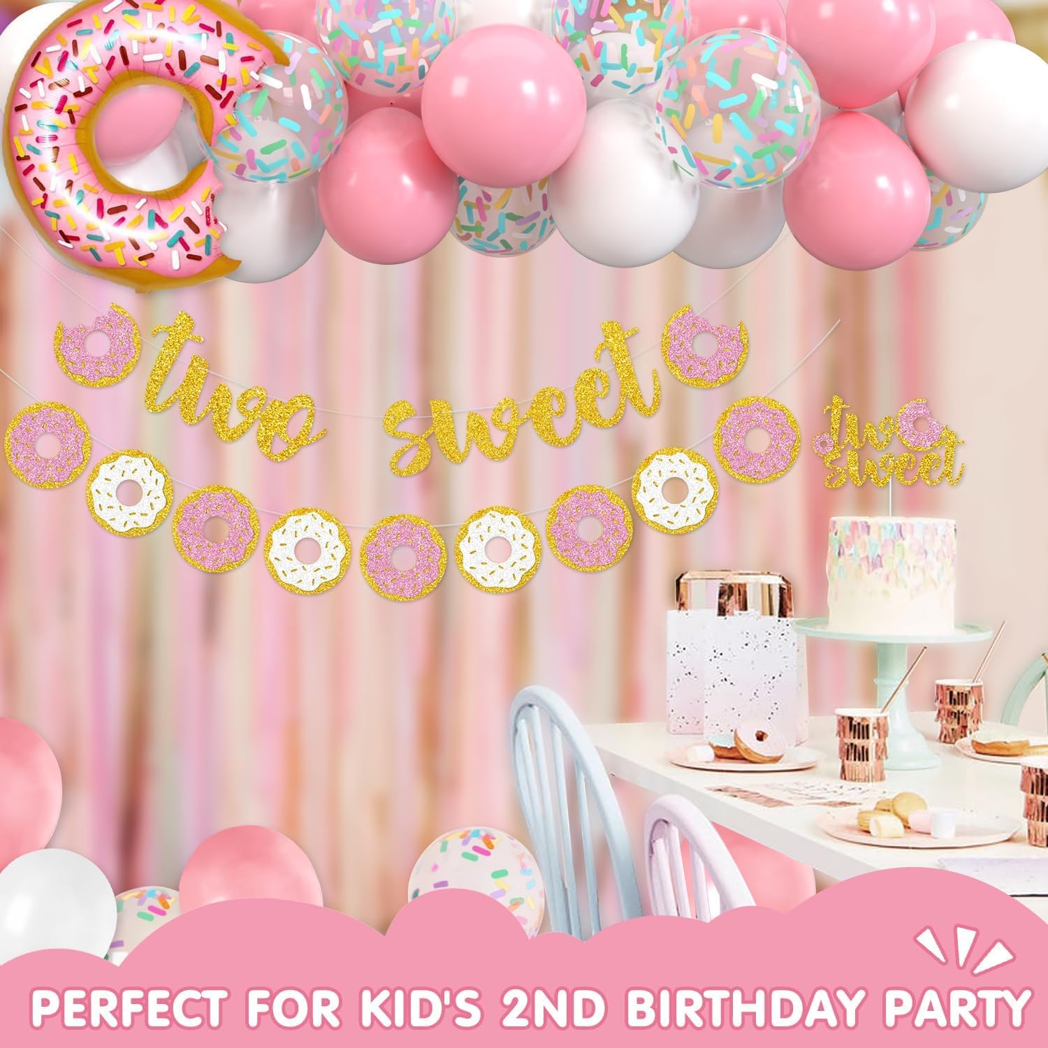 Levfla Two Sweet Donut Party Decoration Baby Second Birthday Glitter Doughnut Banner Cake Topper Sprinkles Balloons Kids Party Favor Ideas Supplies - Image 5