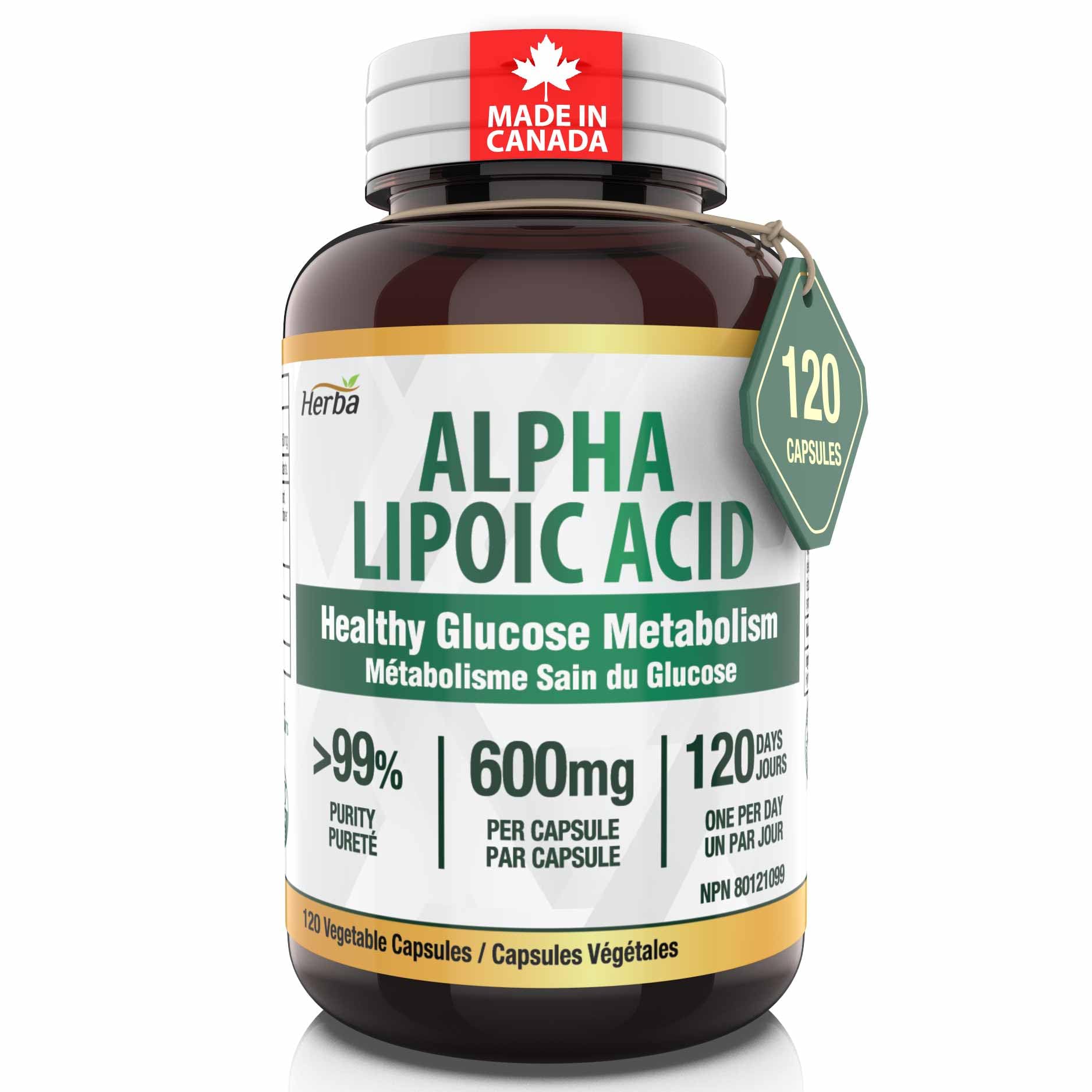 Herba Alpha Lipoic Acid 600mg – 120 Capsules | >99% Ultra Pure | Made in Canada | Blood Sugar Support Supplement