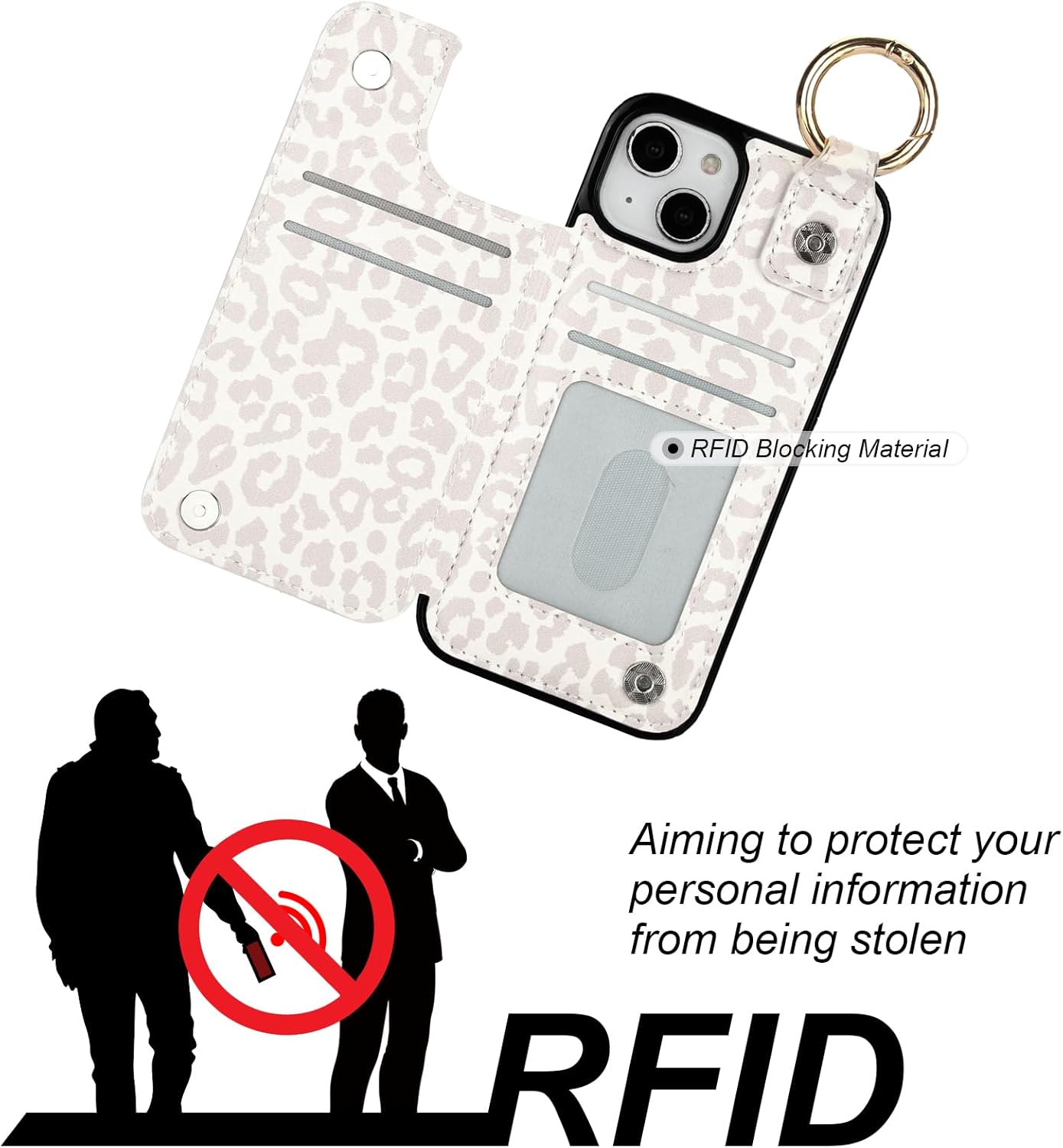 HAOPINSH for iPhone 13 iPhone 14 Wallet Case with Card Holder, White Leopard Cheetah Print Back Flip Folio PU Leather Kickstand Card Slots Case, Finger Grip Ring Double Magnetic Shockproof 6.1"