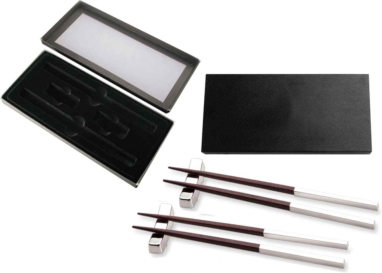 Natico Originals Silver Metal and Wood Chopsticks Set | Set of 2 Pairs w/ 2 Rests | Gift Set, Gift Packaged | Reusable (60-603SET)