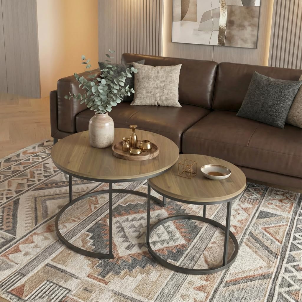 Nesting Table Set of 2, 27.6 '' Round Coffee Table for Living Room, Bedroom, Balcony, Office, Brown Wood Top with Metal Frame, Modern Industrial Side Table