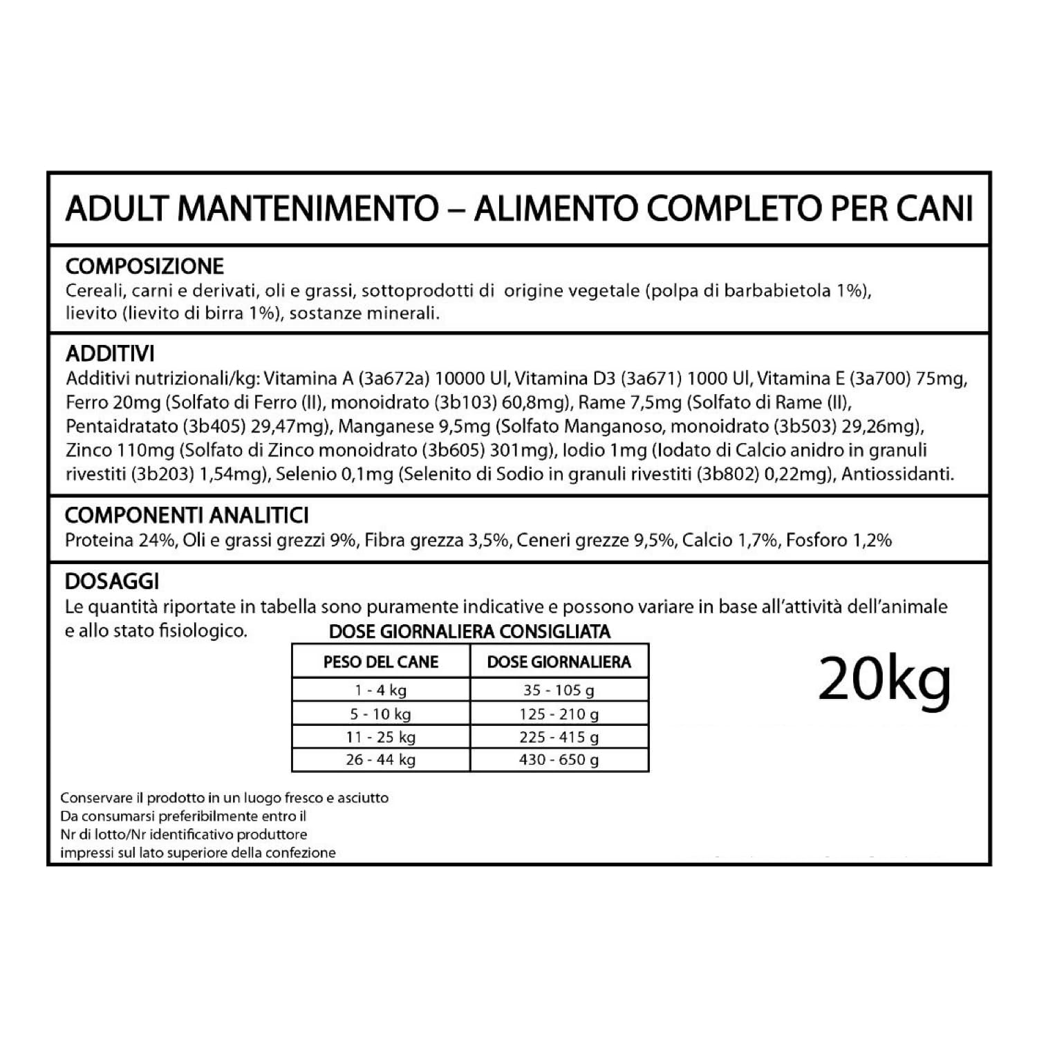 Pienso de mantenimiento para perros adultos, 20 kg, alimento completo italiano, 24% proteínas, con vitaminas y minerales, sin colorantes y sin conservantes (2 bolsas de 20 kg)