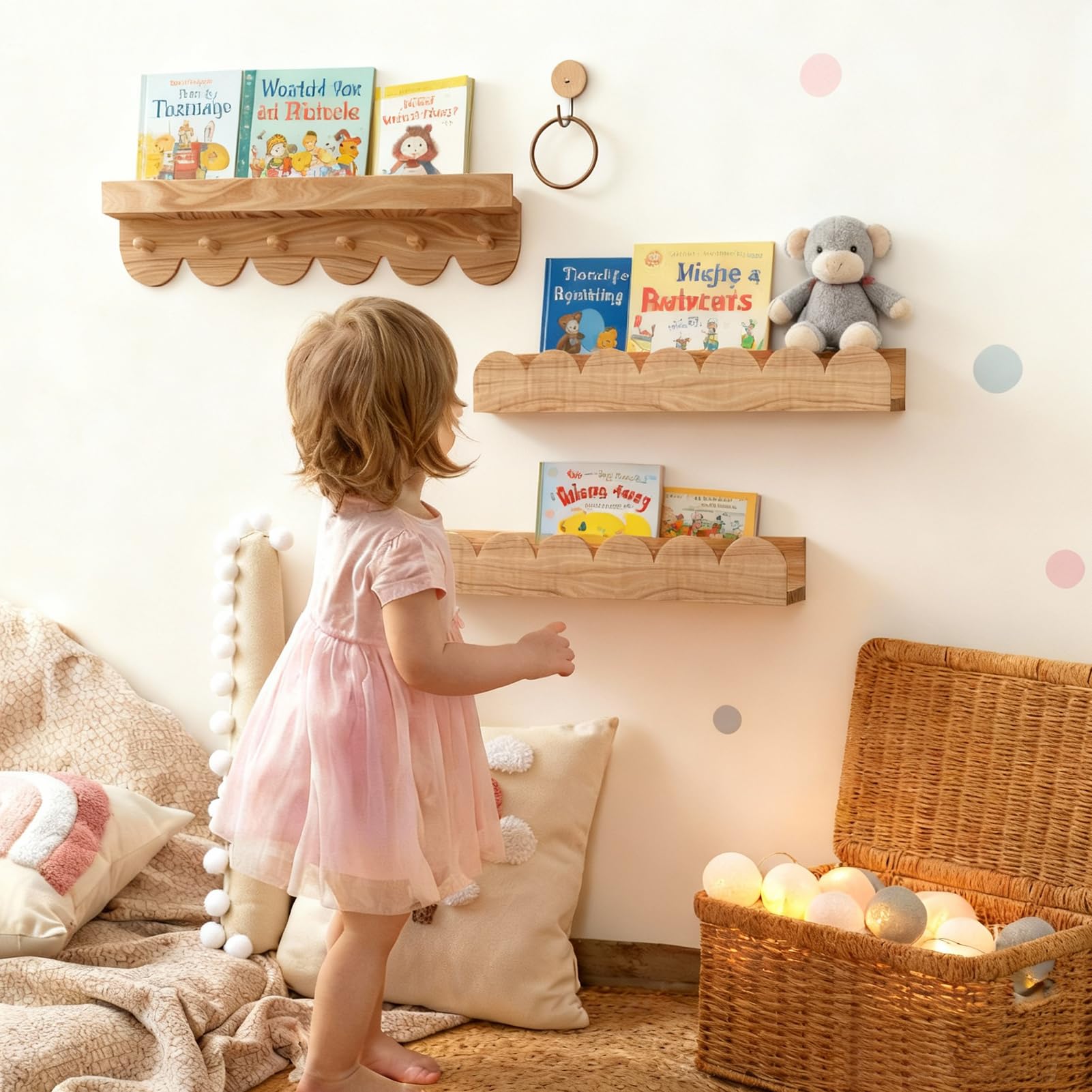 BunteHunde Nursery Shelves, 3- Pack Nursery Book Shelf with Hook 15.75-Inch Kids Wall Bookshelf (Wood), Wood Nursery Book Shelf - Image 4