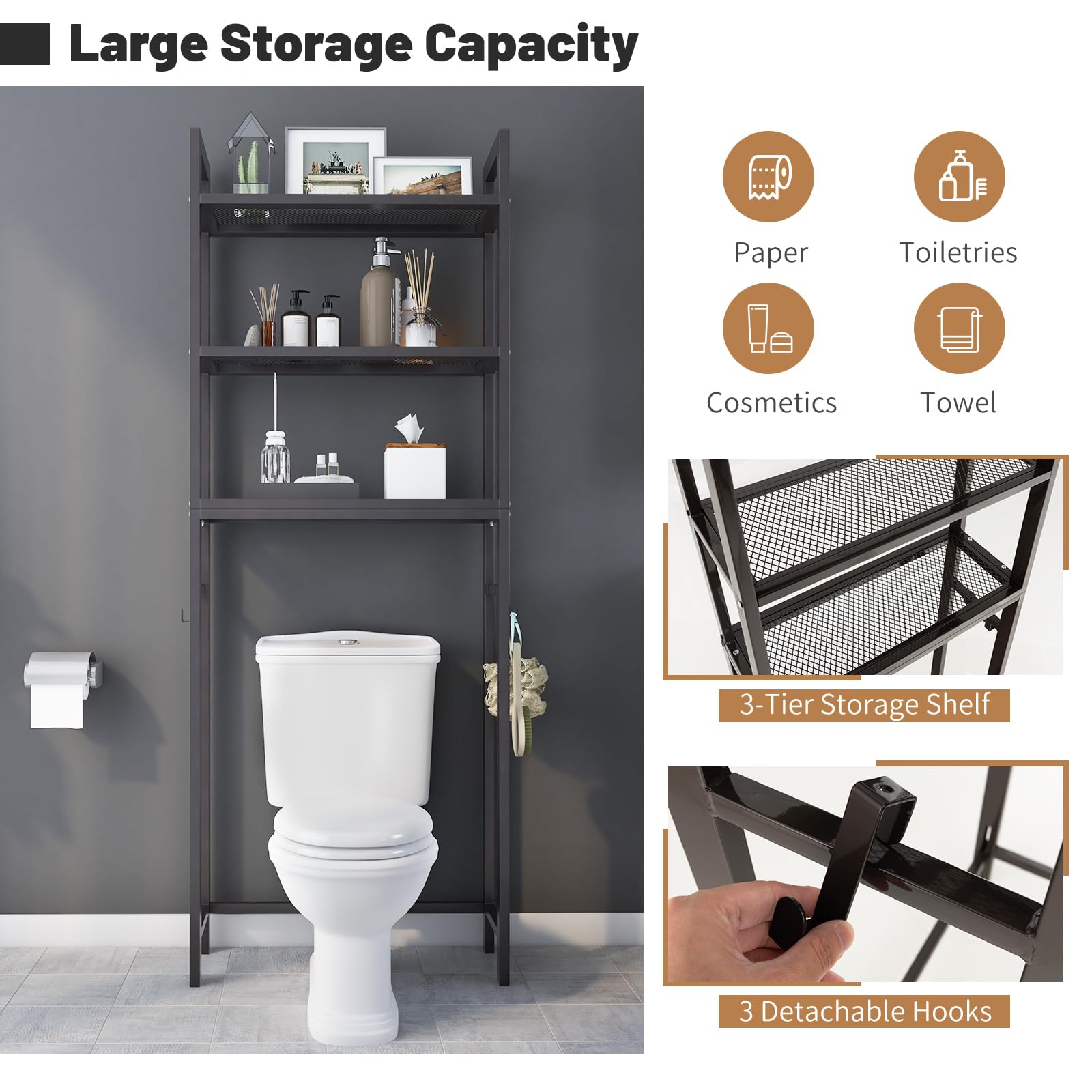 GIANTEX Badkamerrek boven toilet, plank met 3 planken van ijzer, opbergrek en ruimtebesparend, elk rek draagkracht 20 kg, badkamermeubel met 2 kantelbeveiliging en 3 haken (bruin GIANTEX Badkamerrek boven toilet, plank met 3 planken van ijzer, opbergrek en ruimtebesparend, elk rek draagkracht 20 kg, badkamermeubel met 2 kantelbeveiliging en 3 haken (bruin