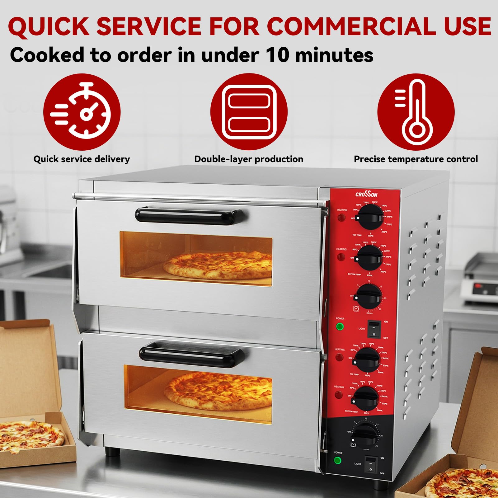 Four à pizza électrique professionnel CROSSON avec surface de cuisson 400x400 mm en pierre d’argile réfractaire pour pizza et pain, température supérieure et inférieure indépendante jusqu’à 350°C