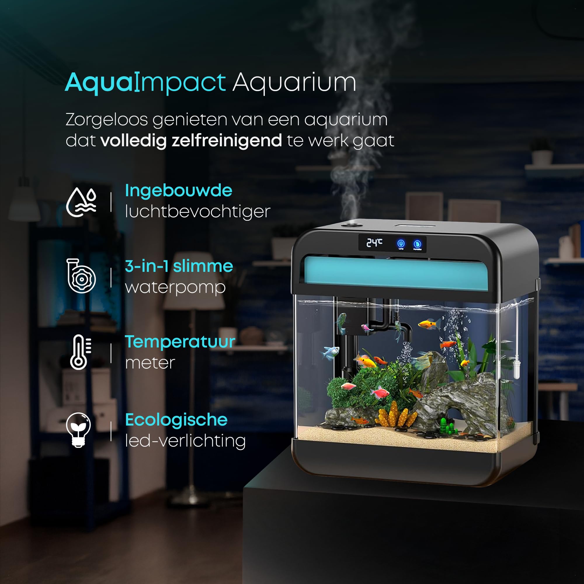 Selbstreinigendes Aquarium 26L Komplettset Nano Aquarium mit 3-in-1 Filter, LED Beleuchtung und Touch Display, integrierter Luftbefeuchter zur Unterstützung der Wasserqualität im Aquarium