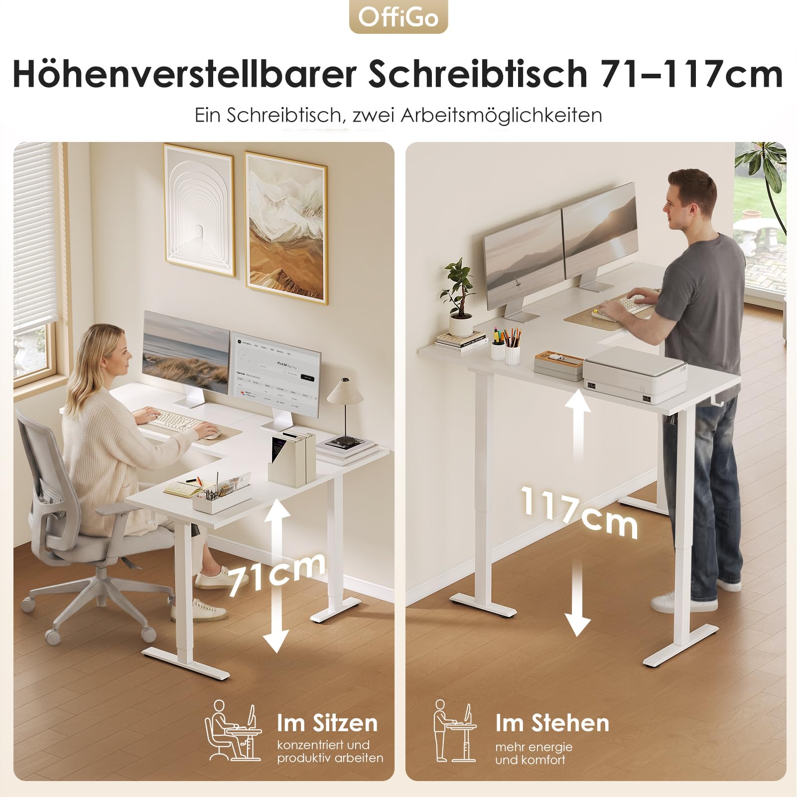 OffiGo Höhenverstellbarer Schreibtisch, 160 x 120 cm L-förmig Schreibtisch Höhenverstellbar Elektrisch, Eckschreibtisch Ergonomischer Steh-Sitz Tisch Computertisch, Weiß