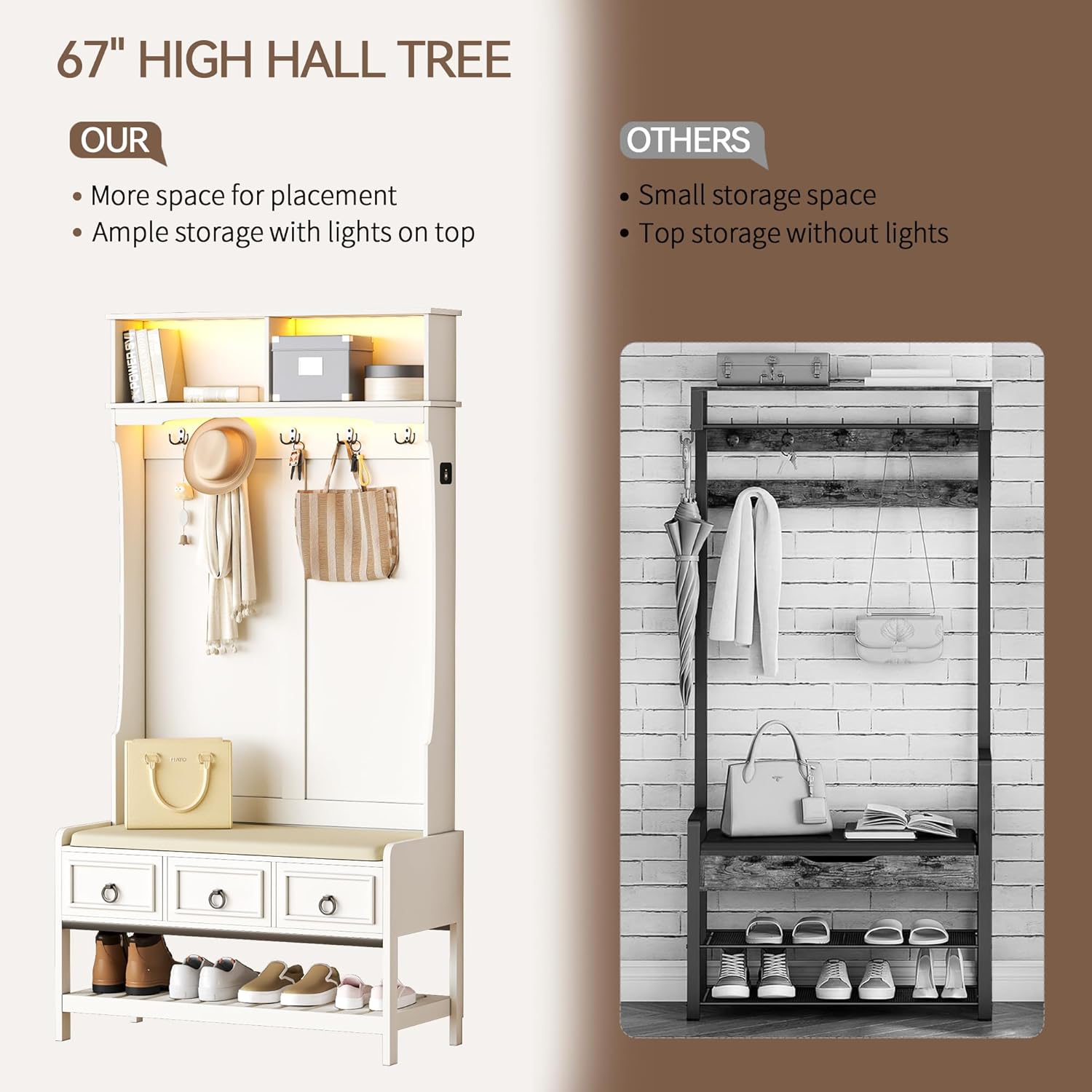 HNEBC 67" Farmhouse Hall Tree with Bench and Shoe Storage,LED Entryway Bench with Coat Rack,Lighted Entryway Cabinet with 2 Storage Cubbies,Sliding Drawers,Shoe Rack,Top Shelf for Hallway