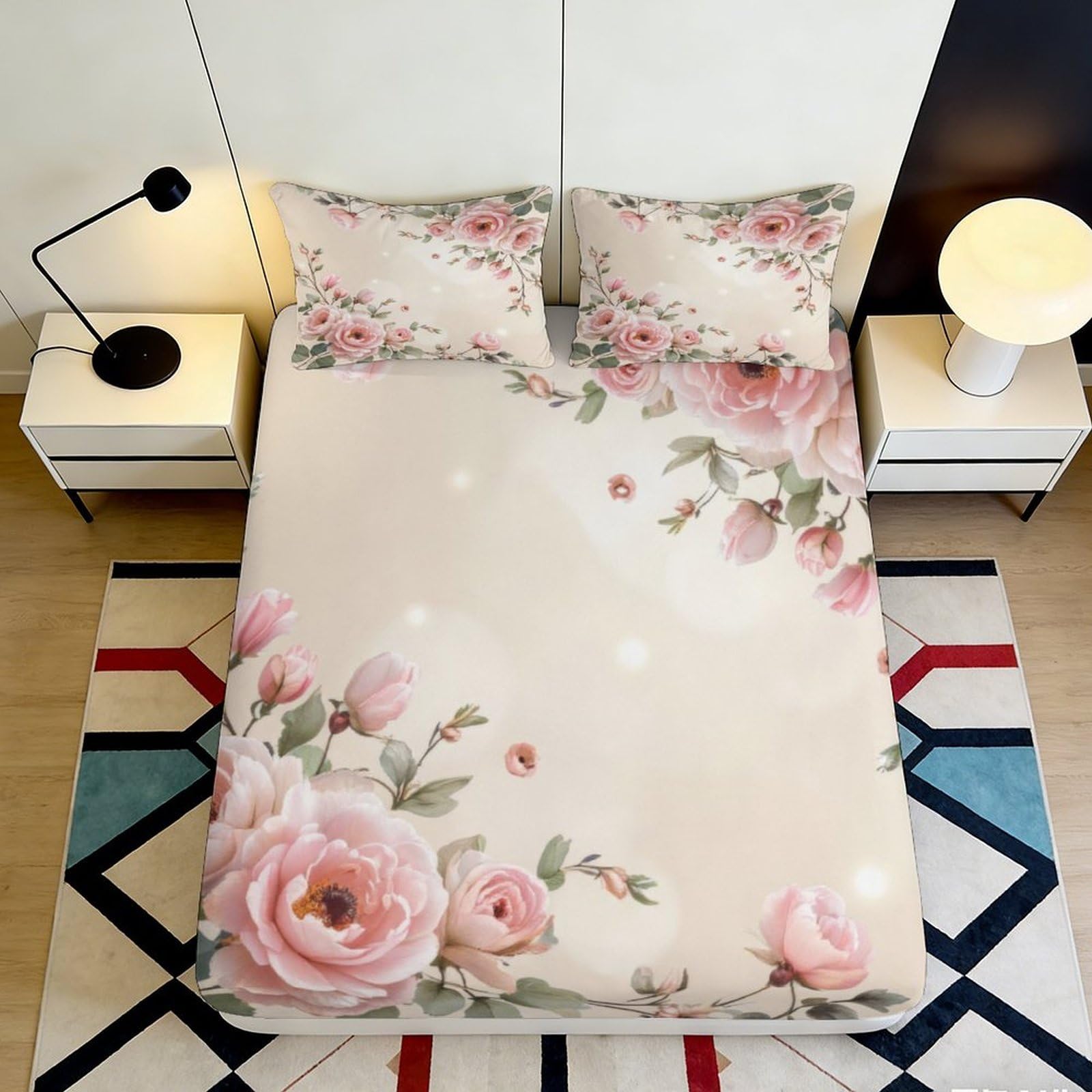 3D Printed Blush Peony Floral Fitted Sheet Microfiber Soft Anti-Slip Vintage Rose Mattress Cover for Bedroom Guest Room Decor 90x200x25cm