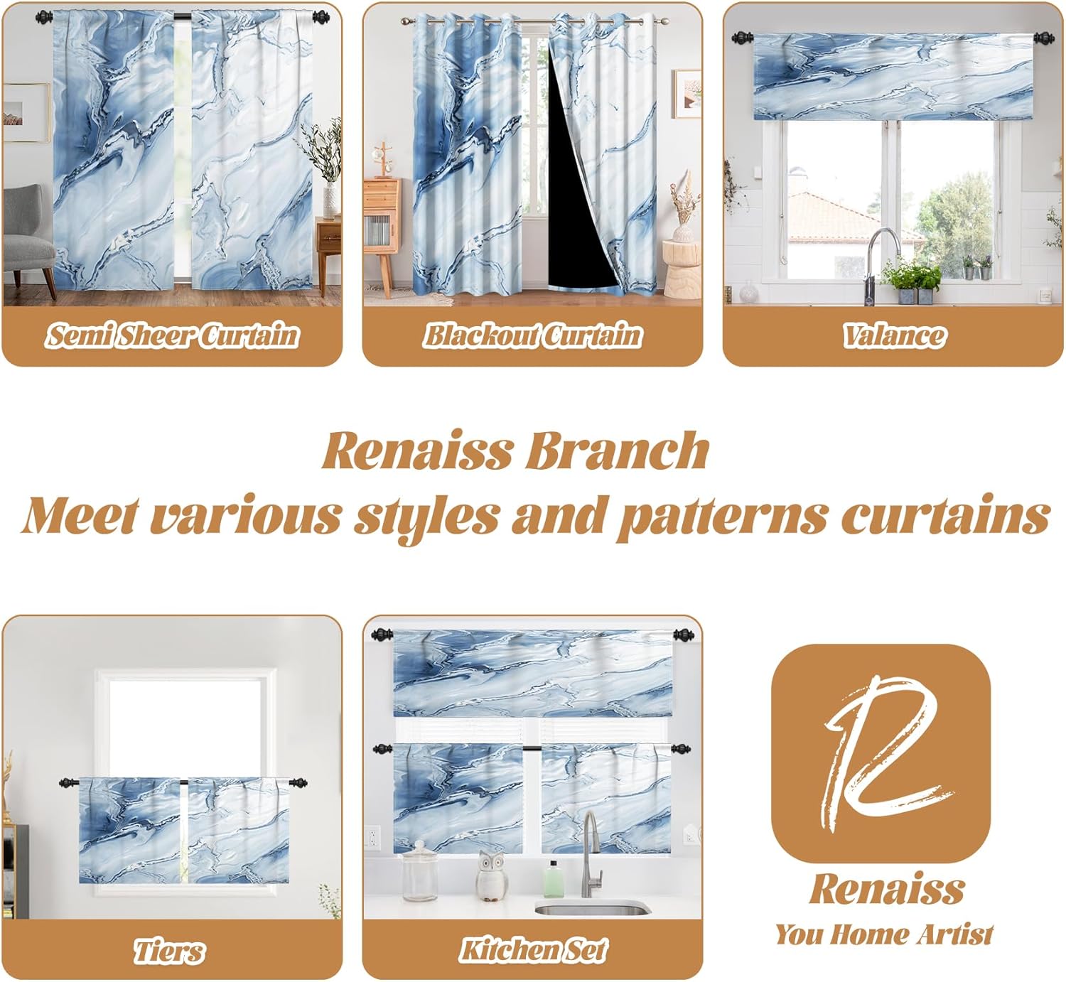Renaiss 42 x 18 Inch Blue Marble Curtain Valance for Kitchen Windows Decor Gold Foil Print Linen Window Treatment Valance Abstract Art Rod Pocket Short Window Curtain for Bathroom Bedroom Living Room - Image 8