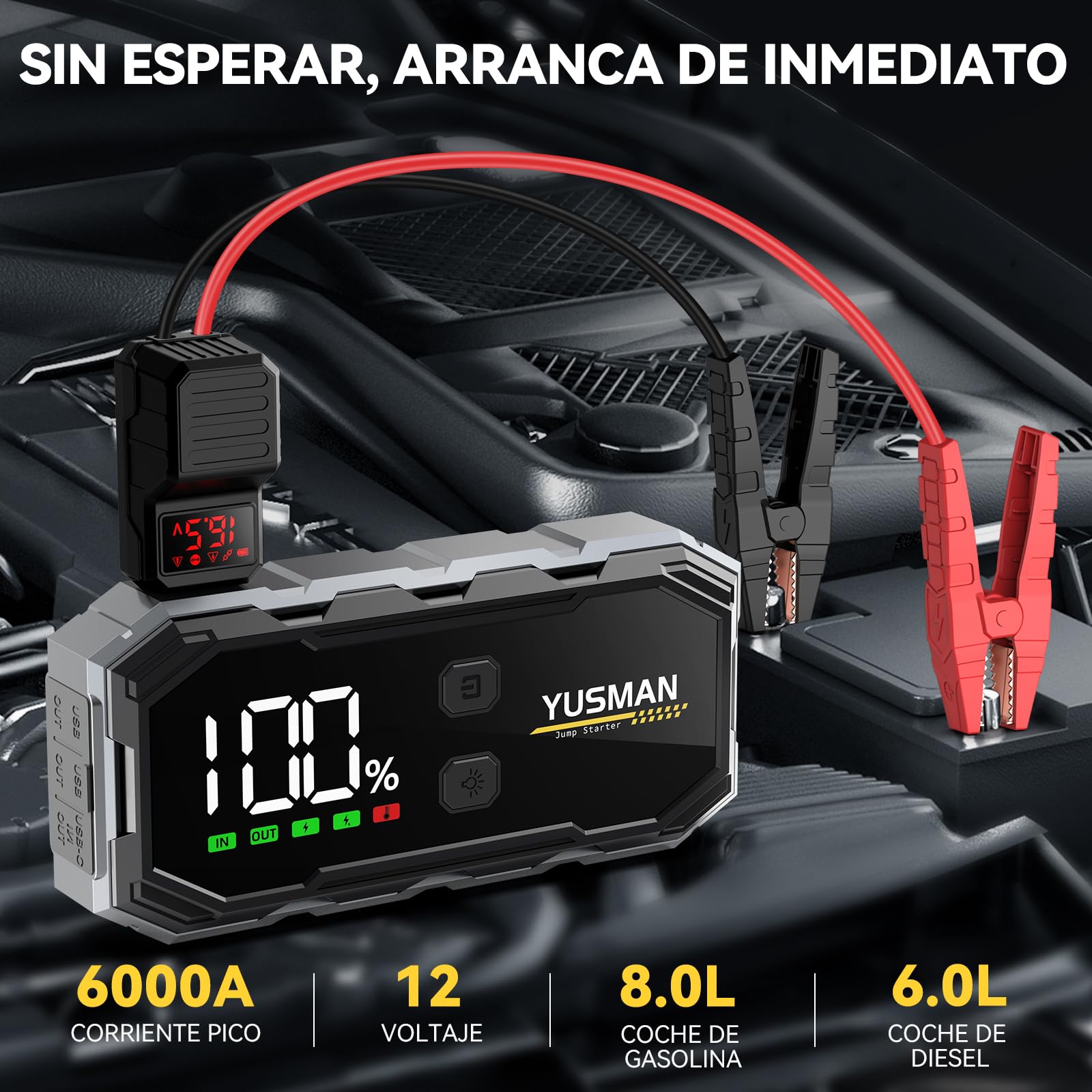 YUSMAN Arrancador de Coches,6000A Arrancador de Baterias de Coche, 12V Arrancador de Coche Portátil con para 8L Gasolina o 6L Diesel, Linterna LED de Emergencia,Carga Rápida,Pantalla LCD Extragrande