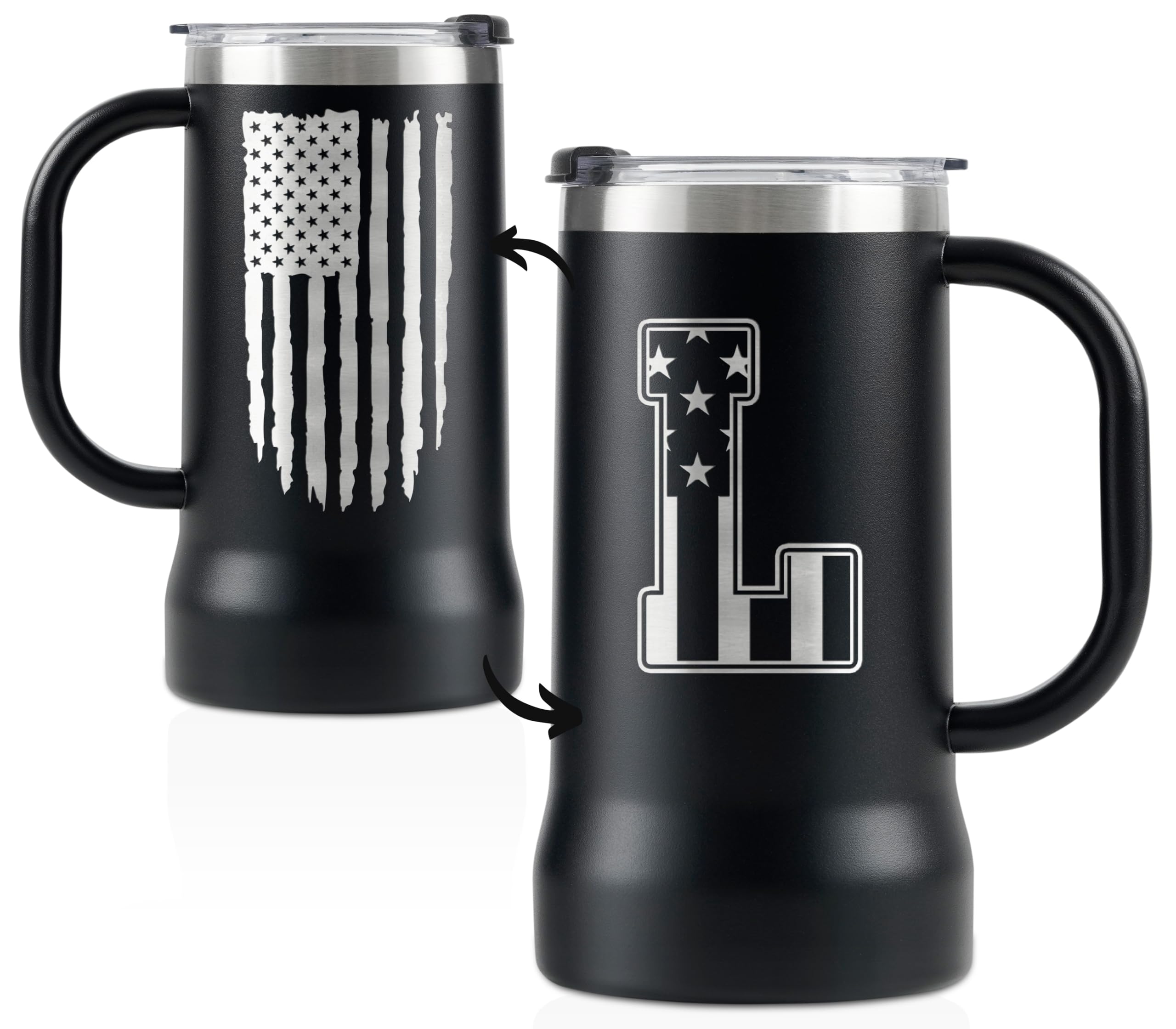 Onebttl Personalized Beer Stein, Beer Mug with Handle - Gifts for Beer Lovers, Men Who Have Everything on Birthday, Christmas - Customized Patriotic US Flag Gifts, Monogram 24 oz Cup, L