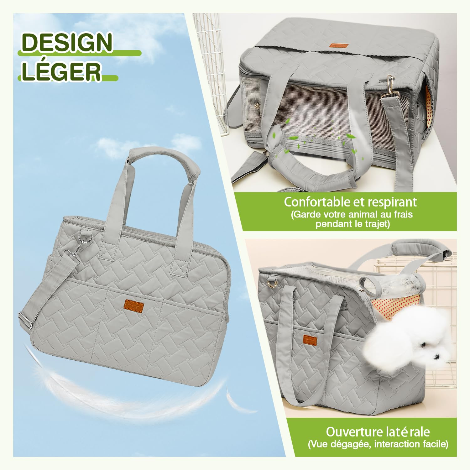 ALLSOPETS Sac de Transport pour Chien et Chat, Sac à Main Pliable en Tissu Respirant, Sac à Bandoulière pour Animaux avec Poches pour Voyage et Sortie (Gris Étoilé, S)