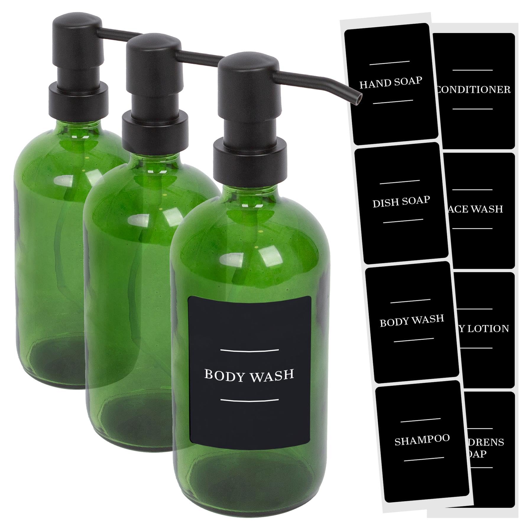 Harbour Housewares Glass Soap Dispensers with Labels Pack of 3-500ml Green Refillable Bottles with Pumps and Black Labels - Bathroom and Kitchen Accessories for Hand Wash, Lotion or Sanitiser