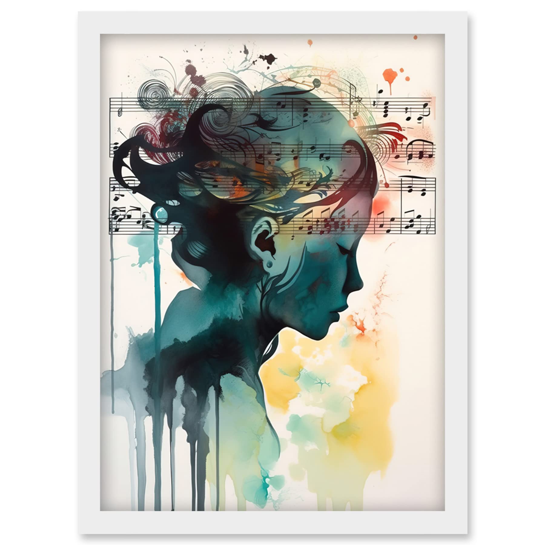 Artery8 Music on my Mind Singing in my Head Modern Portrait Watercolour Illustration Artwork Framed Wall Art Print A4