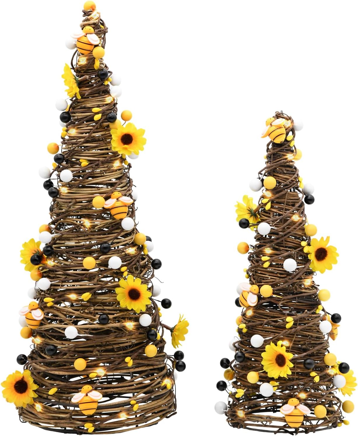 CRCZK Bee Rattan Table Trees with LEDs, Spring Summer Decorations for Home Rustic Farmhouse Bumble Bee Table Centerpiece Decor with Sunflowers Honey&Berries, Bees Kitchen Table Decor