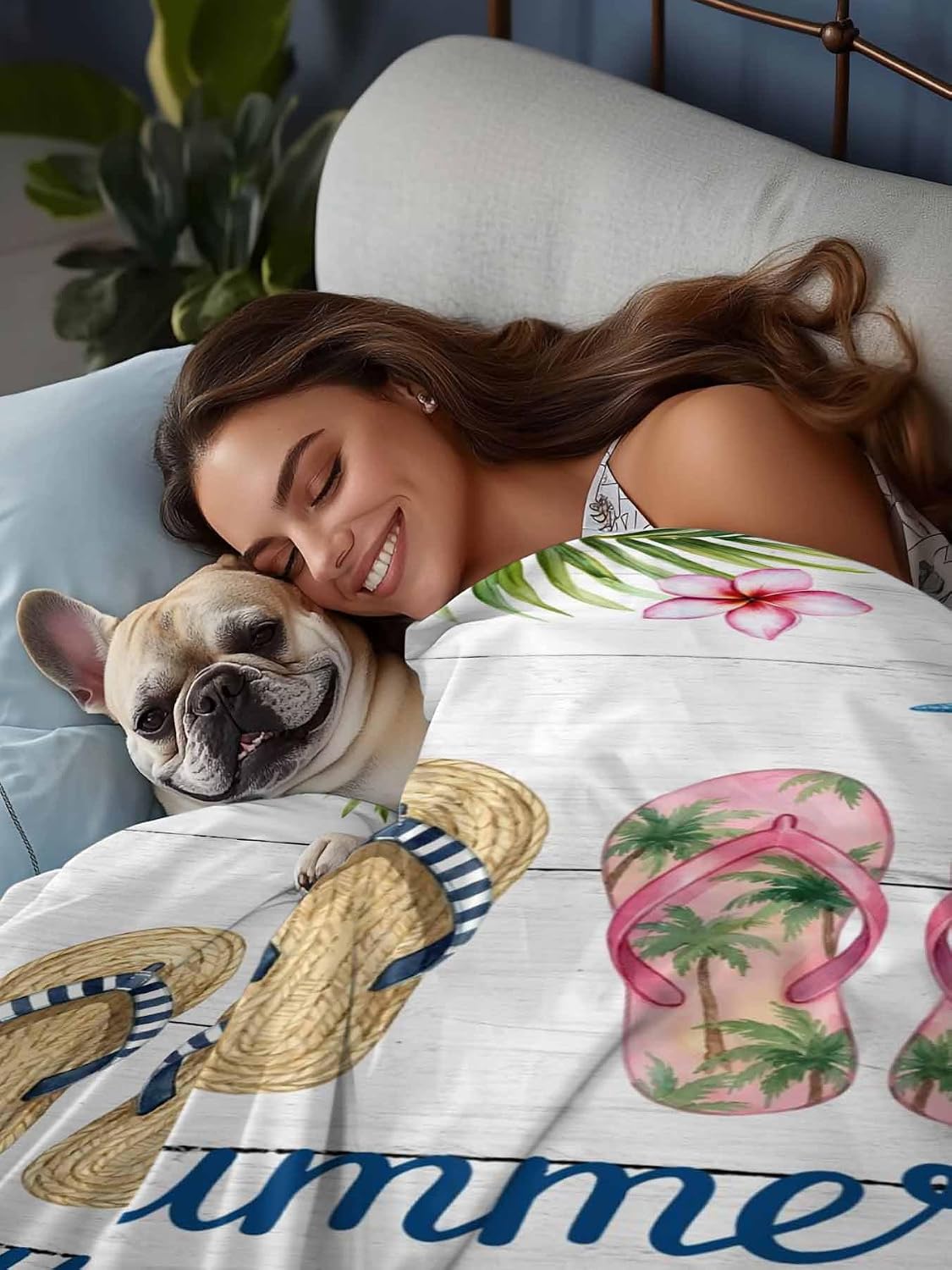 Top Sheet Full Bedding Flat Sheet Only, Summer Beach Tropical Leaves Microfiber Bed Sheets Soft Breathable Bedding Flat Sheets, Slippers on White Plank Hotel Luxury Top Sheets