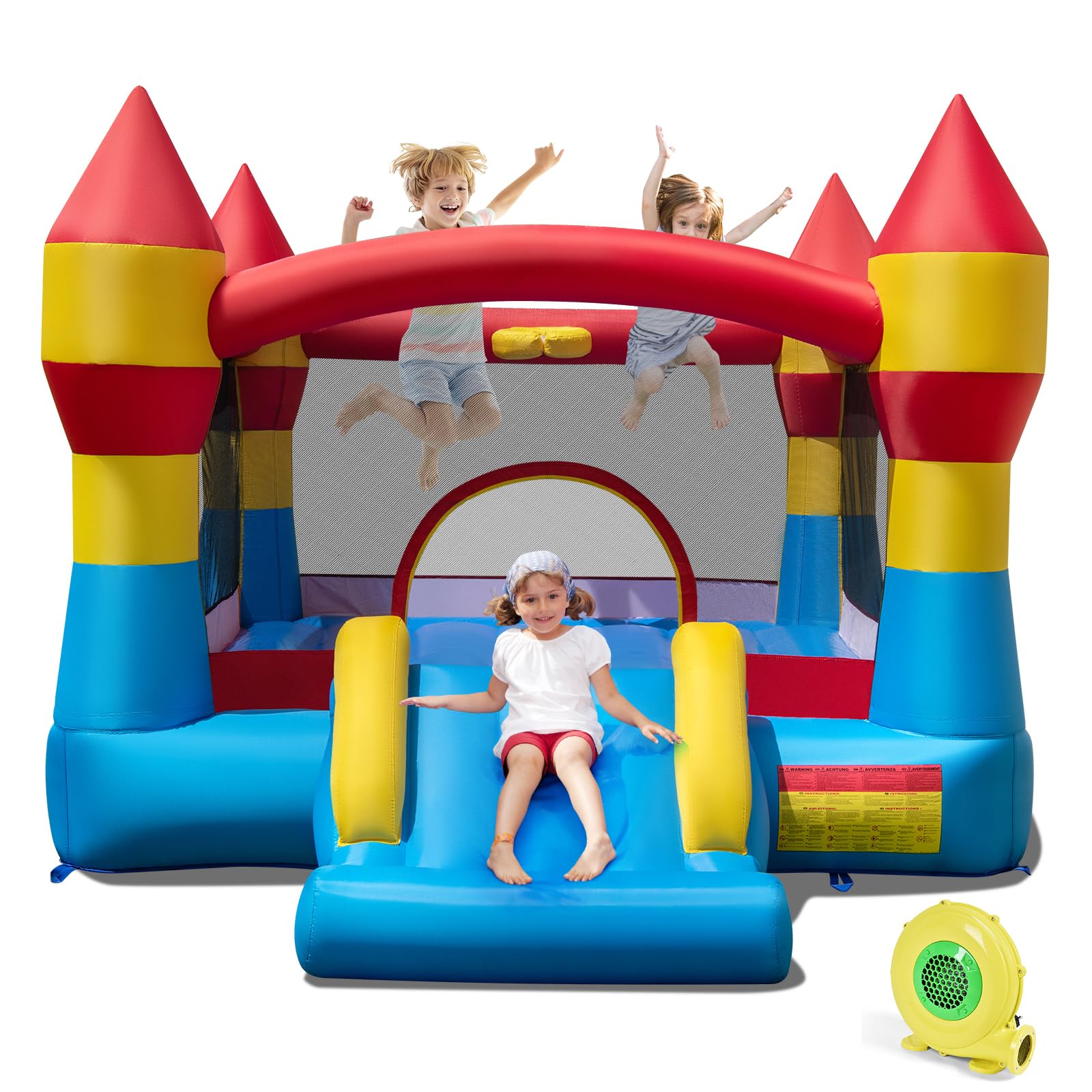 COSTWAY Castillo Hinchable con Tobogán y Aro de Baloncesto para Niños, 370x280x230cm Infantil Juguete para Parque Patio Jardín (con Soplador 550W)