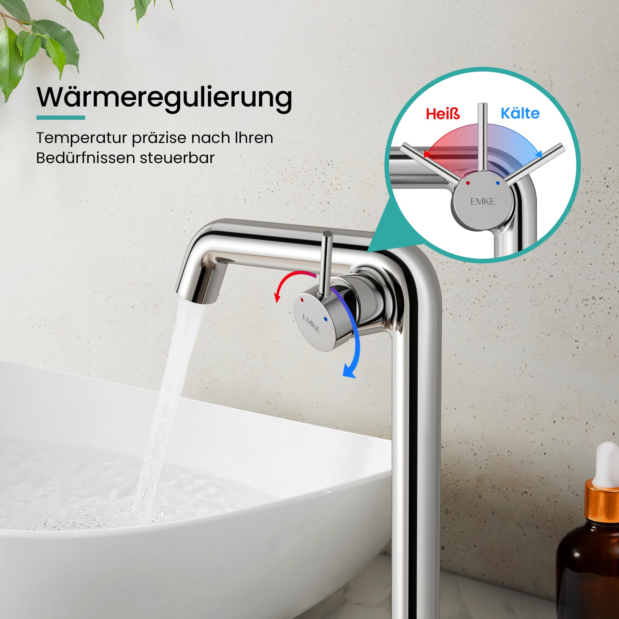 EMKE Wasserhahn Bad Chrom, 332 x 220 x 76 mm, Messing, Keramikkartusche, Badarmatur, Wasserhahn mit Luftsprudler, Waschtischarmatur, Mischbatterie Waschbecken-Armatur einfache Installation