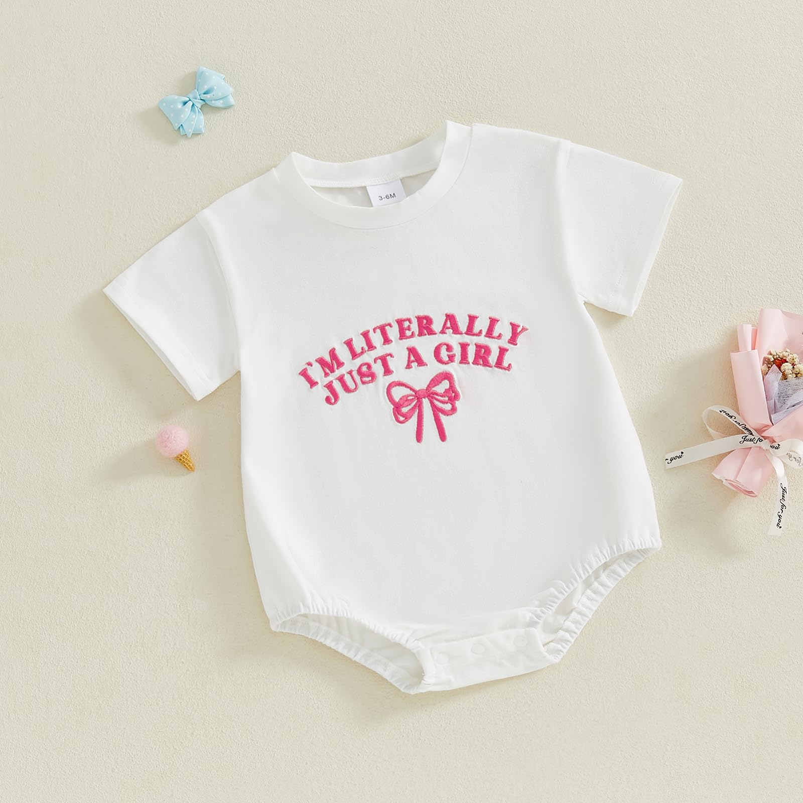 AHUGHAUE Newborn Baby Girl Outfit I'm Literally Just A Girl Bow Embroidery T Shirt Bubble Romper Infant Cute Summer Outfit (White, 0-3 Months)