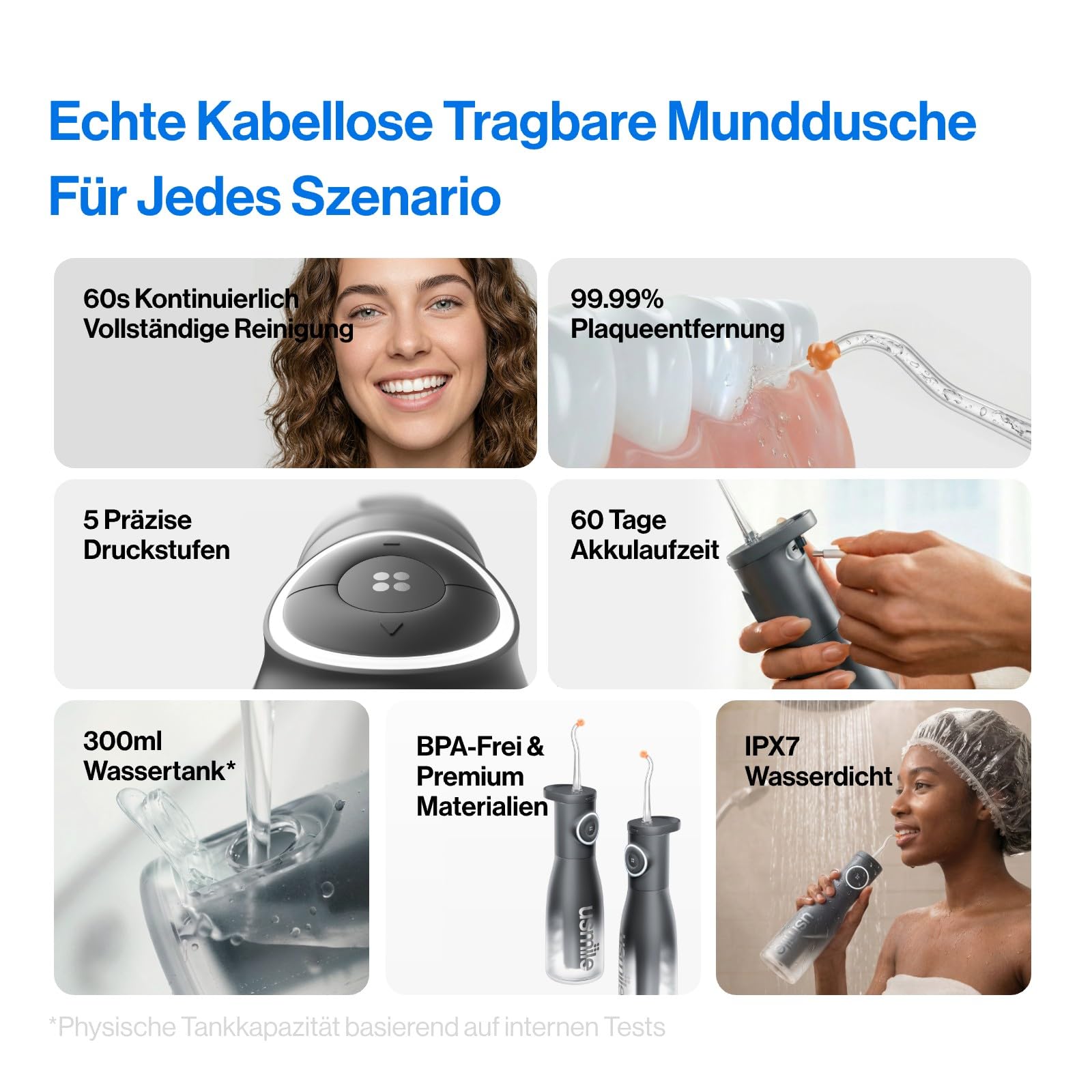 usmile C30 Tragbare Munddusche Kabellos, 300 ml Wassertank, 5 Druckstufen, S-Düsen für Zahnspangen & Invisalign, USB-C wiederaufladbar, IPX7 wasserdicht, Schwarz