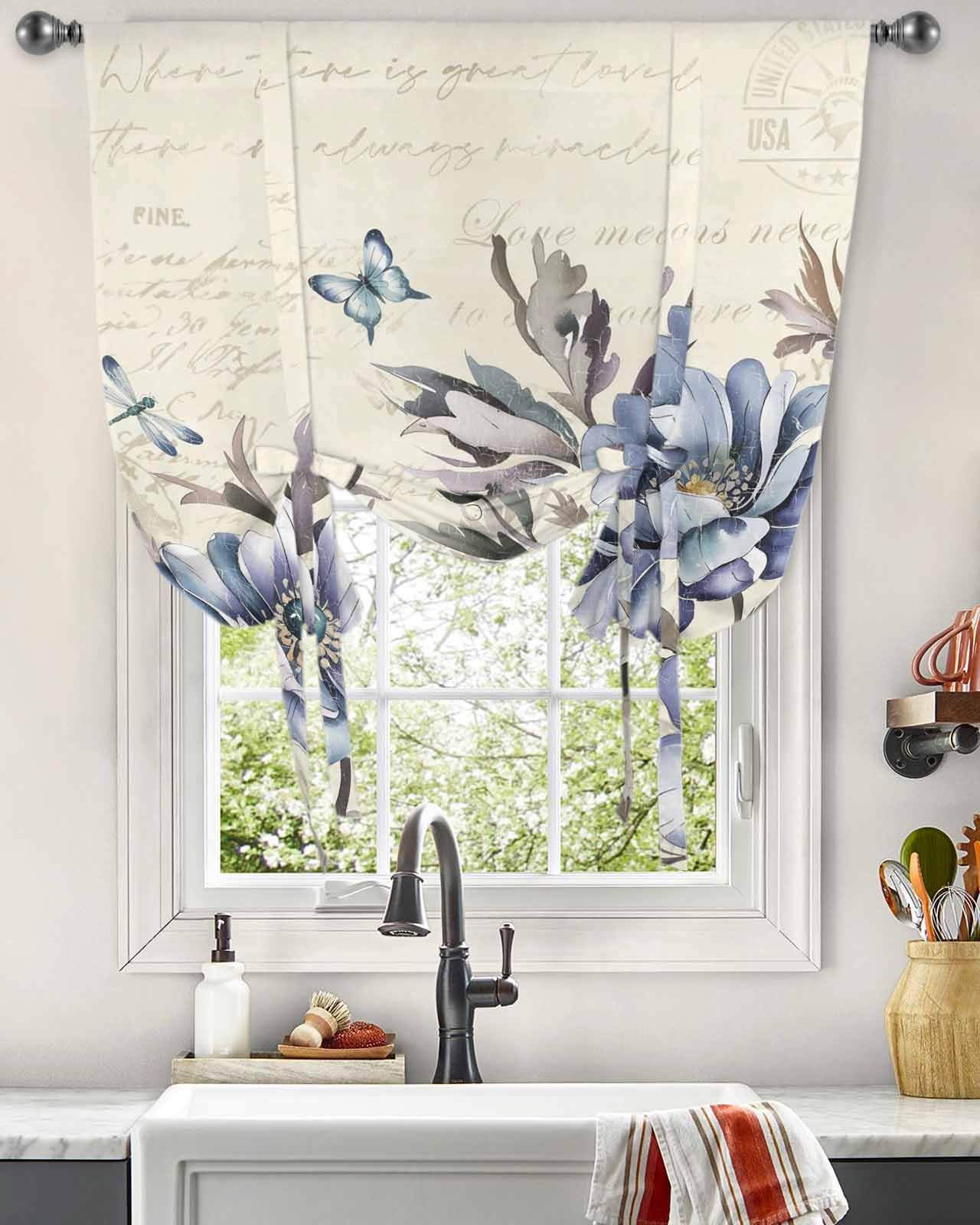 Purple Blue Flower Tie Up Curtains for Windows 45 Inch Length Balloon Curtains Kitchen Adjustable Balloon Window Shade Farmhouse Botanical Floral Butterfly Tie Up Bathroom Curtain Window 34
