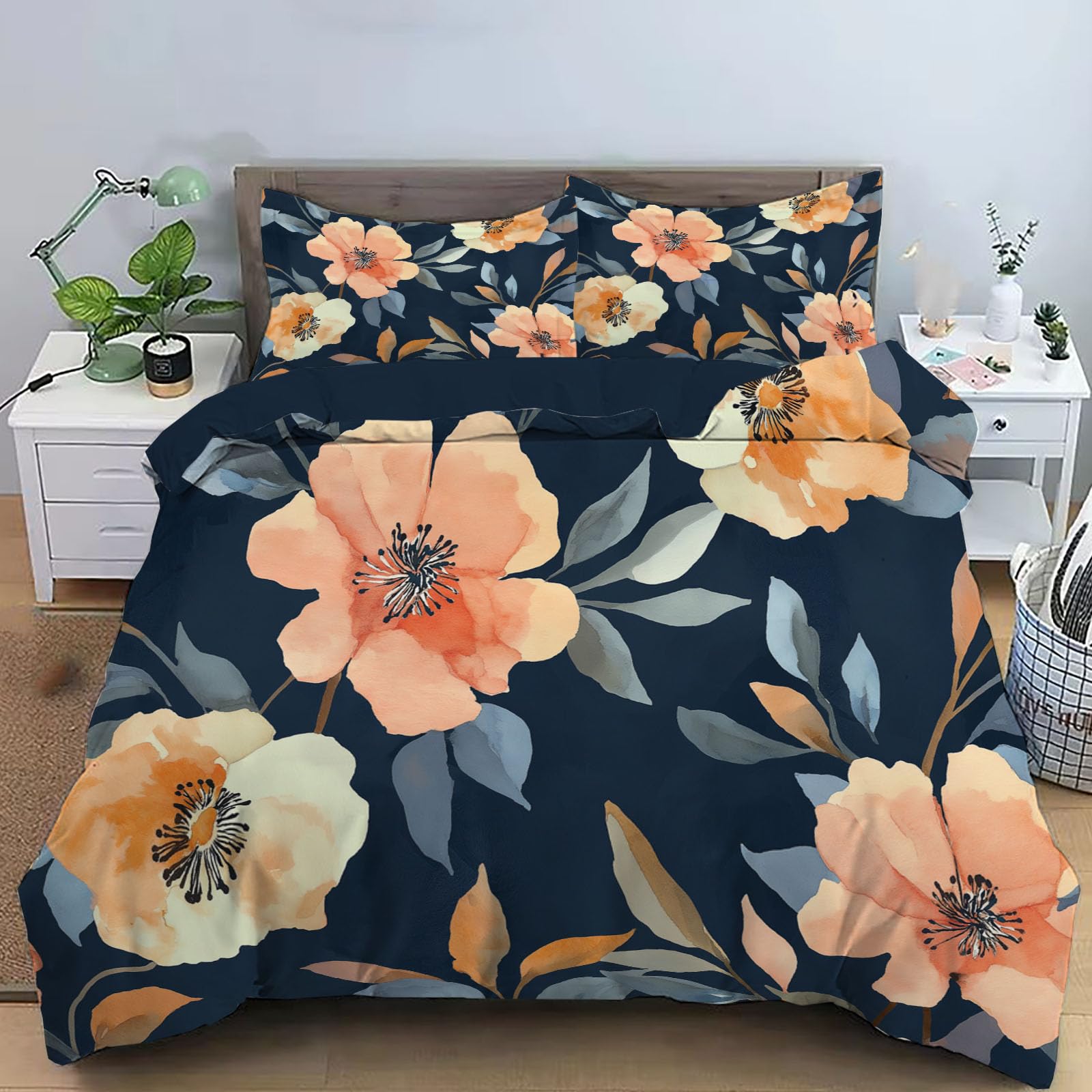 Housse de couette 220x240 bleu marine fleurs aquarelles en microfibre