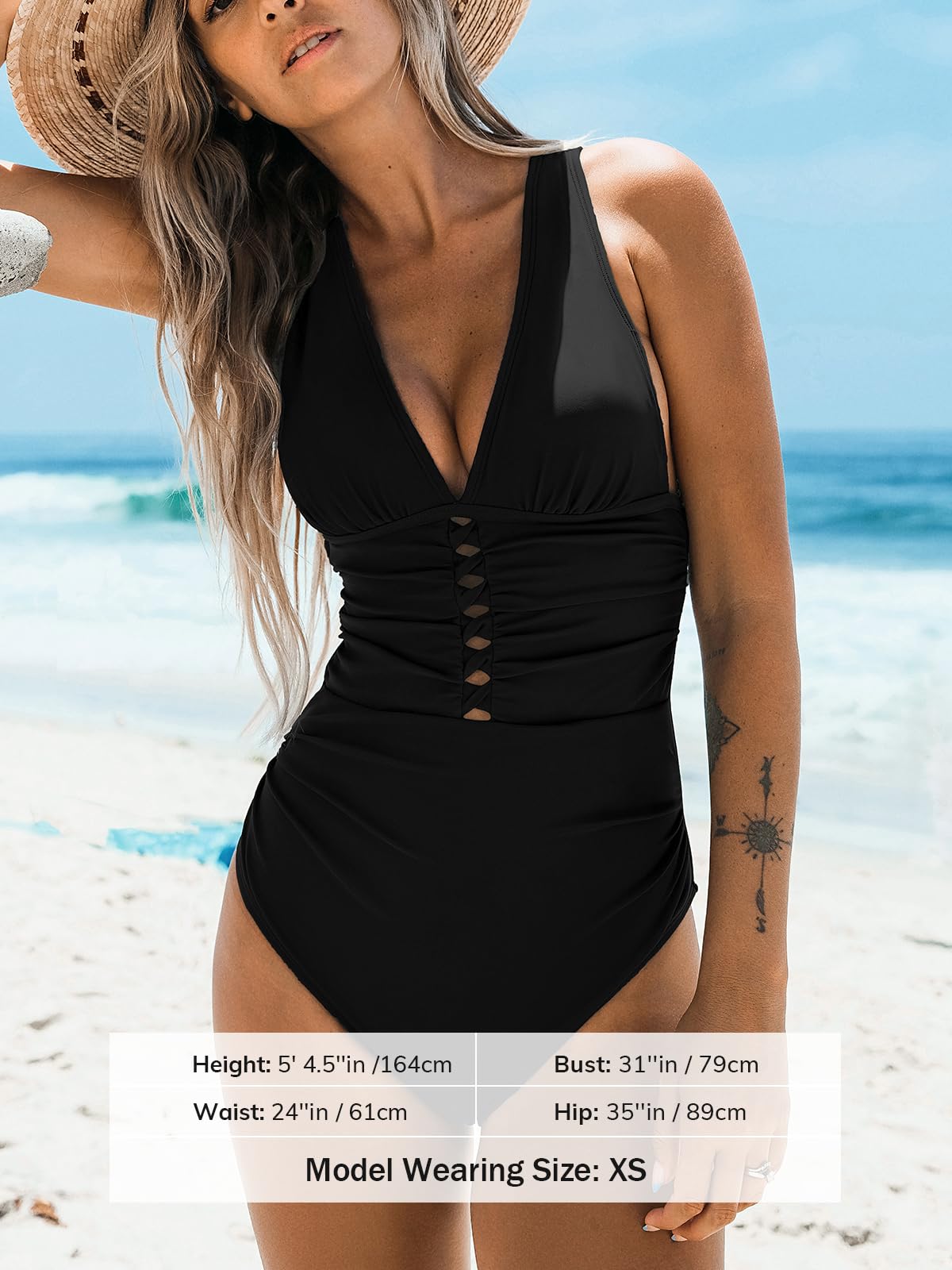 CUPSHE Maillot de bain une pièce pour femme avec col en V froncé sur le devant et découpe croisée à nouer dans le dos