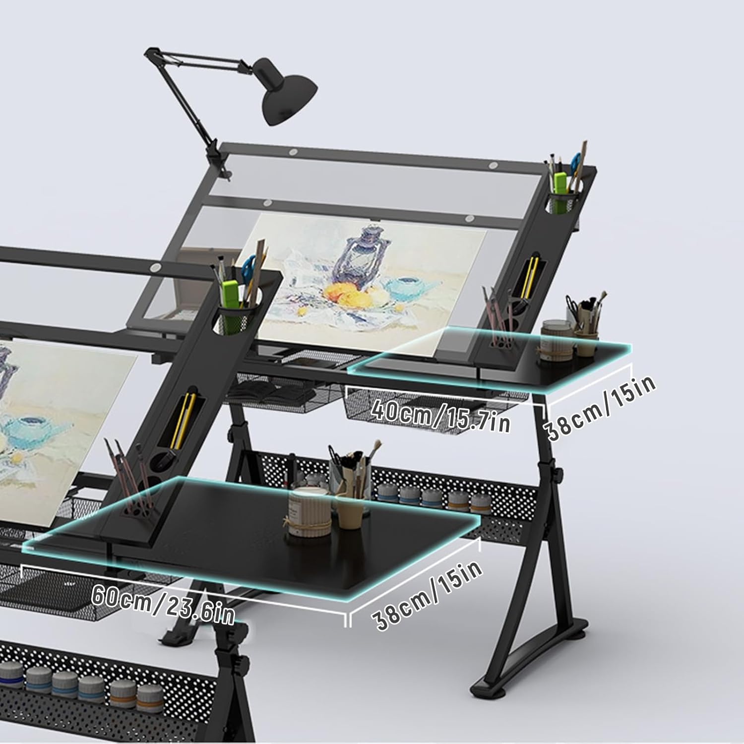 Drafting Table Desk Artist Desk, 0°-50° Tilting Acrylic Top, Height Adjustable, All-in-One Art Desk for Reading, Writing, Crafting, Painting Art,Black,2*Side Tray