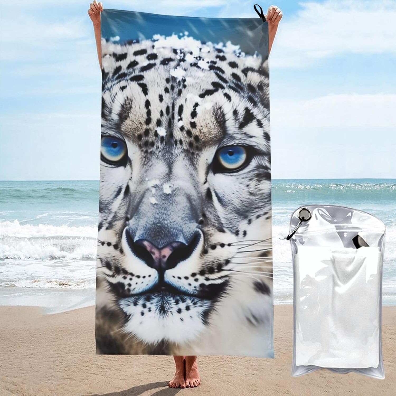 KHiry Microfiber Towel Beach Towels Blue Eyed Snow Leopard Quick Dry Towel Soft Lightweight Travel Towels Absorbent Large Easy Pack Travel Things Beach Blanket for Gym Sports Swimming