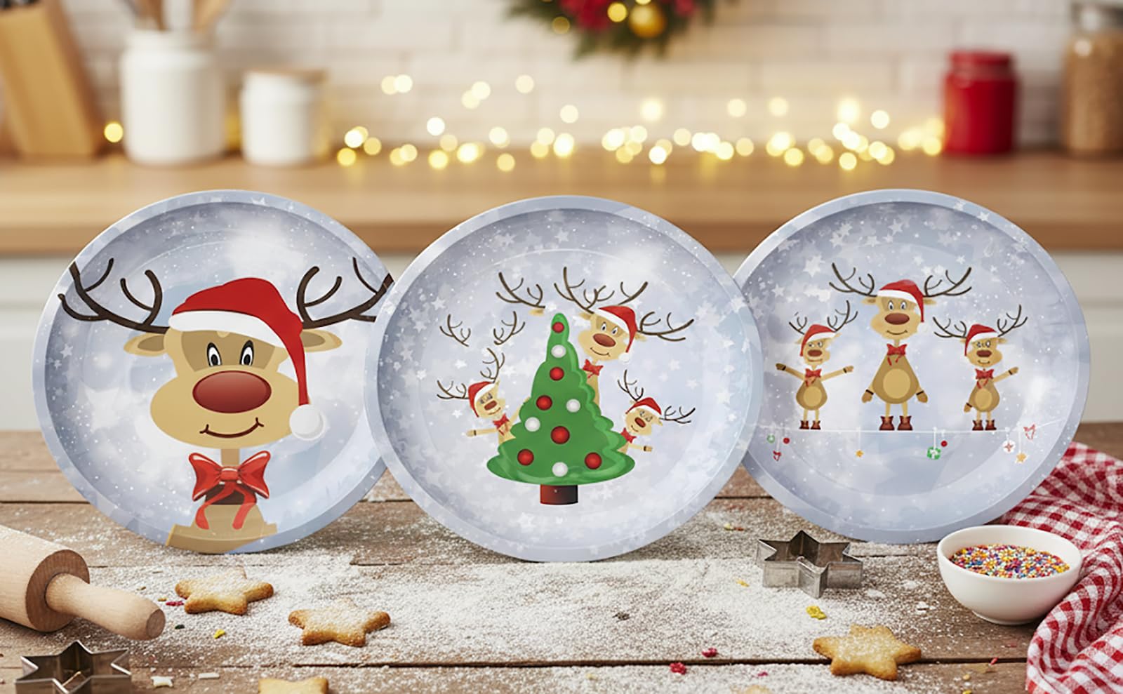 KAMACA 3er Set Weihnachtsteller Keksteller aus Metall Ø 26 cm Nikolausteller für Kekse, Plätzchen, Stollen & Süßes stilvoll wiederverwendbar Advent Festtage (3er Set Gebäckteller Rentier Ole)