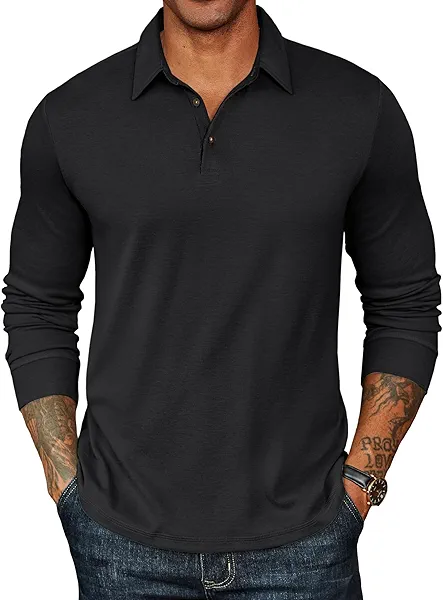 COOFANDY Mens Long Sleeve Polo Shirts Basic Casual Collared Shirt Lightweight Solid Polo T Shirt