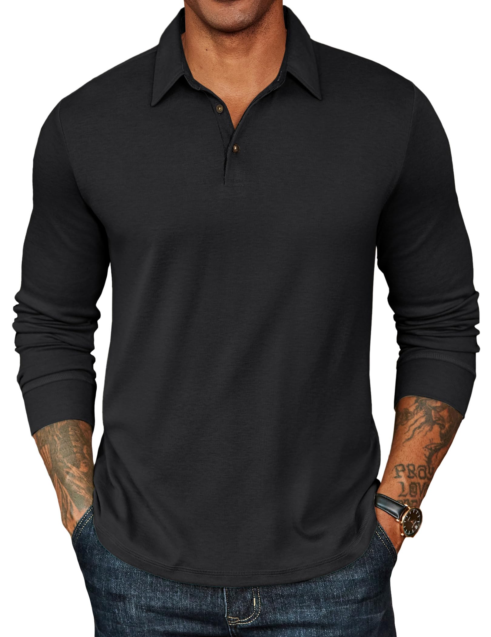 Mens Long Sleeve Polo Shirts Classic Casual Button Polo Tee