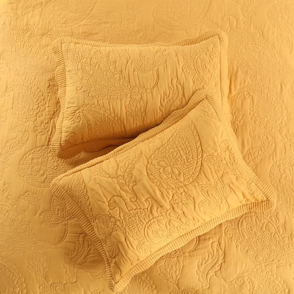 ENASAL Cotton Jacquard Bedspread Quilt Bedding Sets Reversible Comforters Coverlets Yellow Bedspread for All Seasons, Paisley Floral Stiching Pattern,Yellow, King Size - Image 4