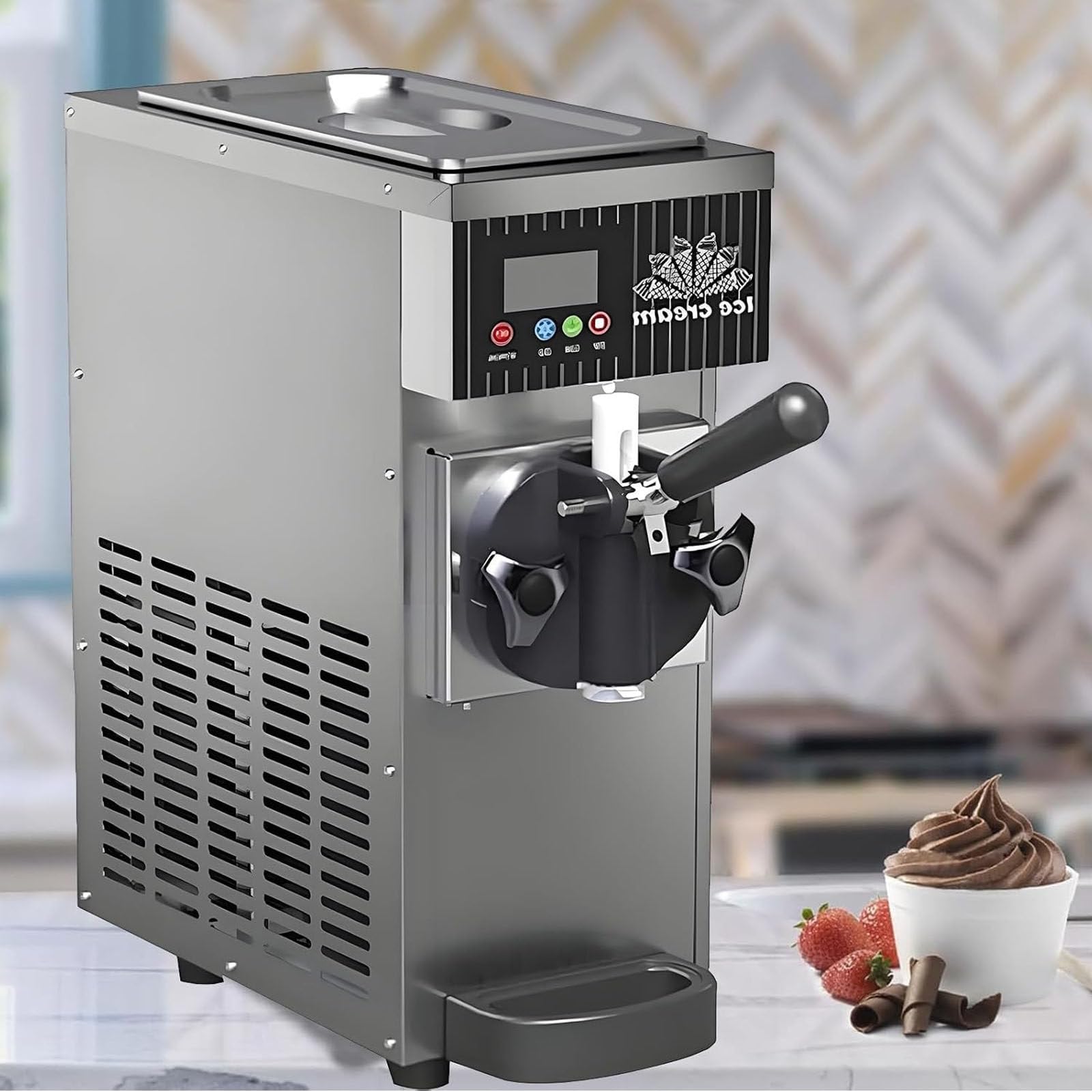Drmoxin Commercial Ice Cream Maker, Tabletop Ice Cream Maker,450W Countertop Soft Serve Ice Cream Maker,Snack Shop Cafe Desktop Ice Cream Maker Fruit Ice Cream Machine Stainlesssteel