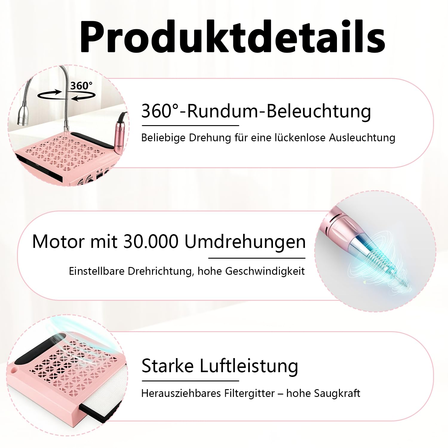 Kit de manicura y pedicura profesional 4 en 1 con potencia de succión de 80 W y filtro lavable, cortaúñas profesional de 30.000 rpm y lámpara LED para pedicura y