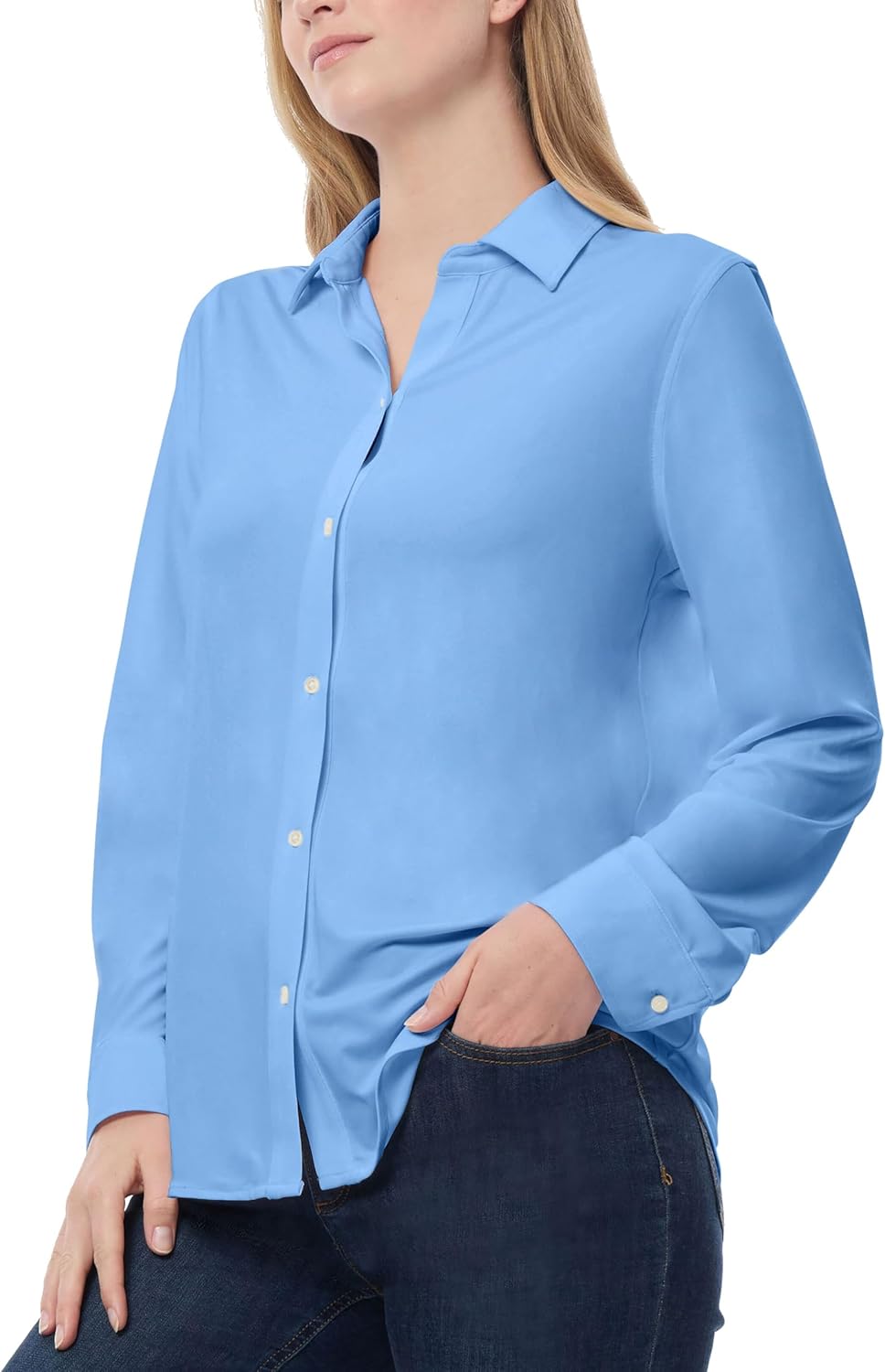 Jones New York Women's Petite Collared Button-Front Shirt (Blue Horizon, Petite Medium) - Image 2