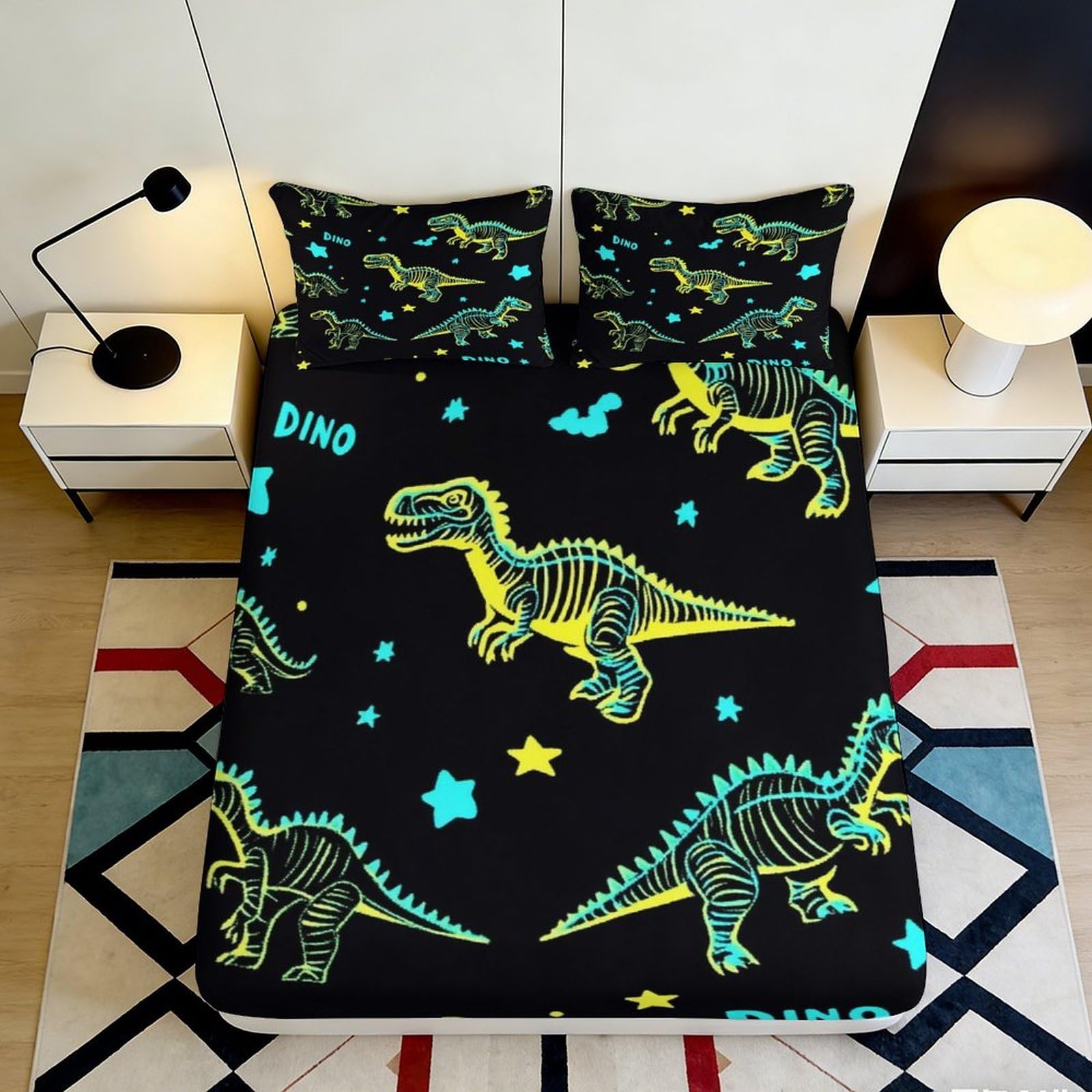 3D Printed Dinosaur Pattern Fitted Sheet Microfiber Soft Breathable Starry Night Bed Cover for Bedroom Dormitory Guest Room Mattress Protection 90x200x25cm